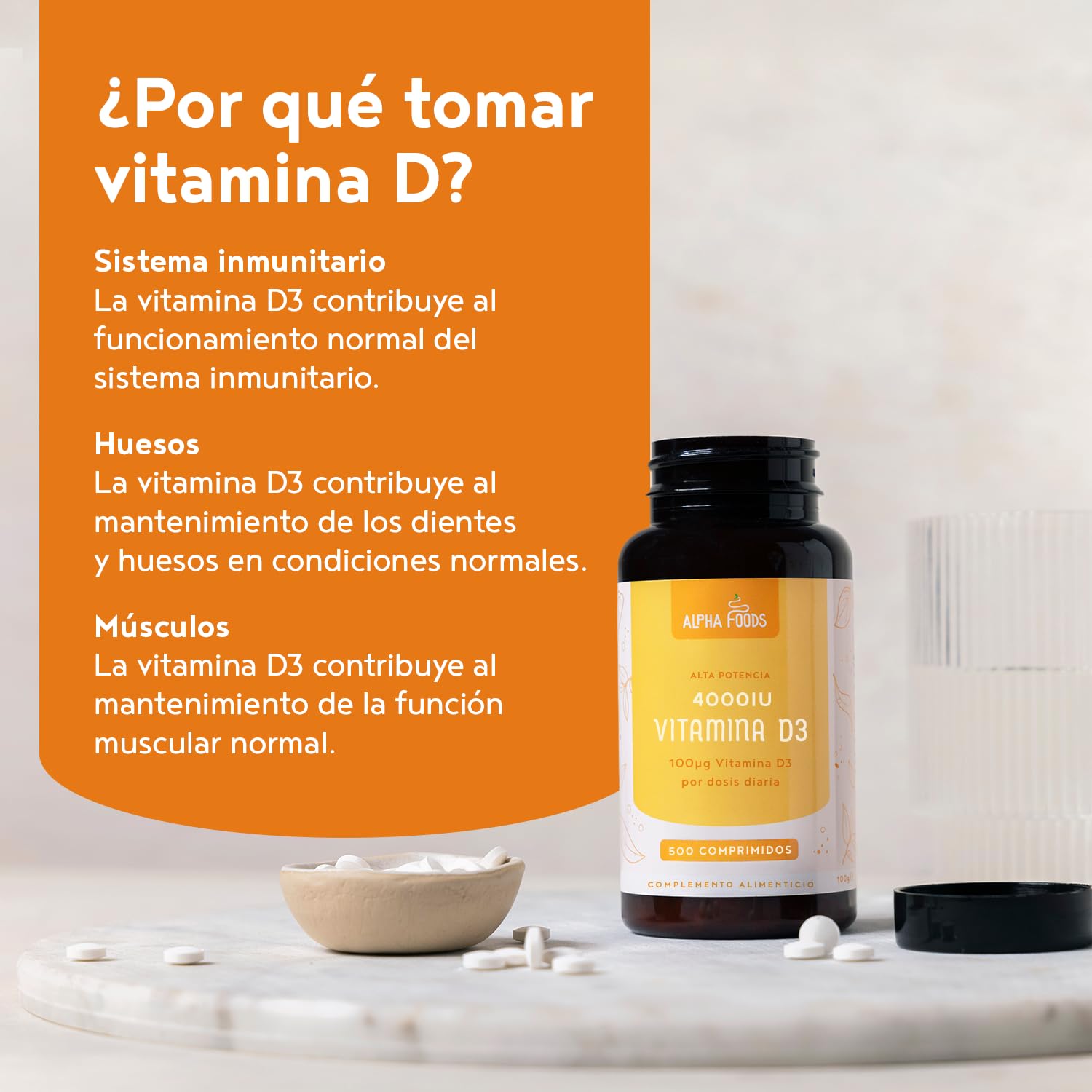 Vitamina D3 4000IU para 16 Meses, 500 Cápsulas. Vitamina D Alta Dosis, Sistema Inmunológico, Huesos y Salud General, Colecalciferol Vegetariano, Sin OGM, Alpha Foods