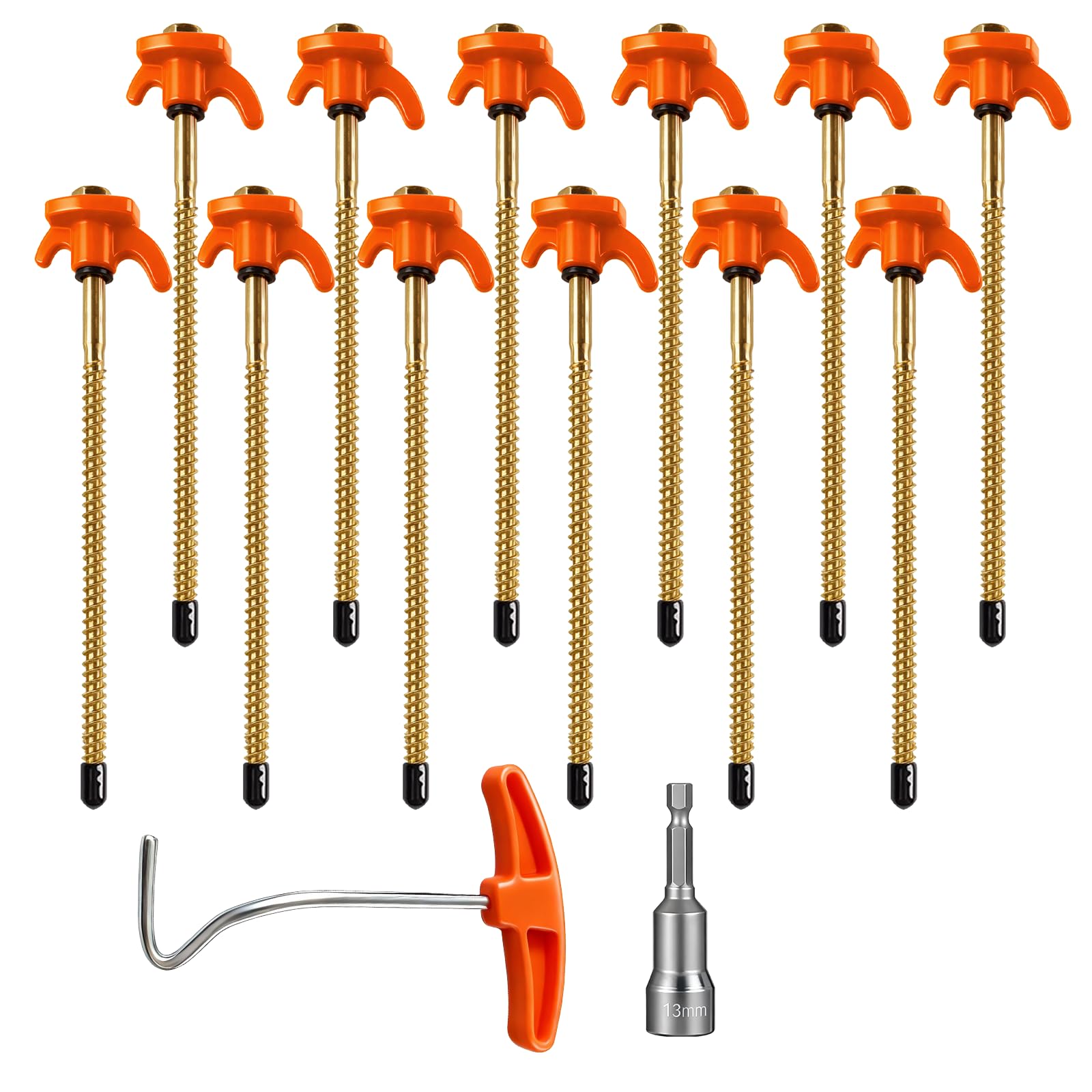 HpCuales 12 Pack Heavy Duty Tent Pegs,8 Inch Yard Stakes Non-Rust Metal Tent Stakes Includes Drill Adapter & Nail Puller,Screw in Ground Stakes for Camping Patio,Garden,Canopies,Grassland,Outdoor