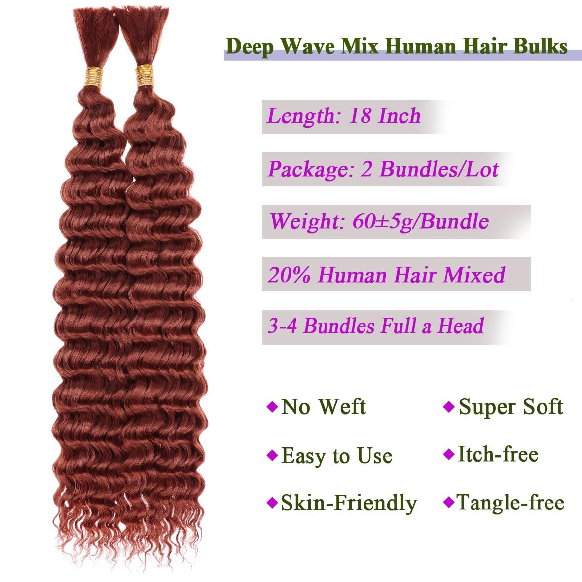 Kachanaa 18 Inch Deep Wave Crochet Human Hair 20 Mixed Human Hair for Boho Box Braids 2 Bundles Copper Red Deep Wave Curly Braiding Human Hair Extensions for Braiding /350# - Image 3