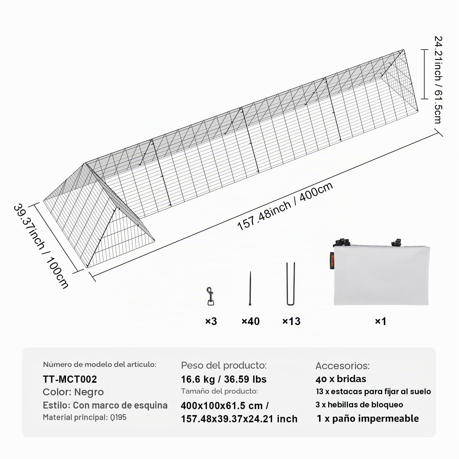 VEVOR Túnel Portátil para Pollos 400 x 100 x 61,5 cm, Gallinero para Patos y Conejos, con Marco de Esquina para Patio y Exteriores