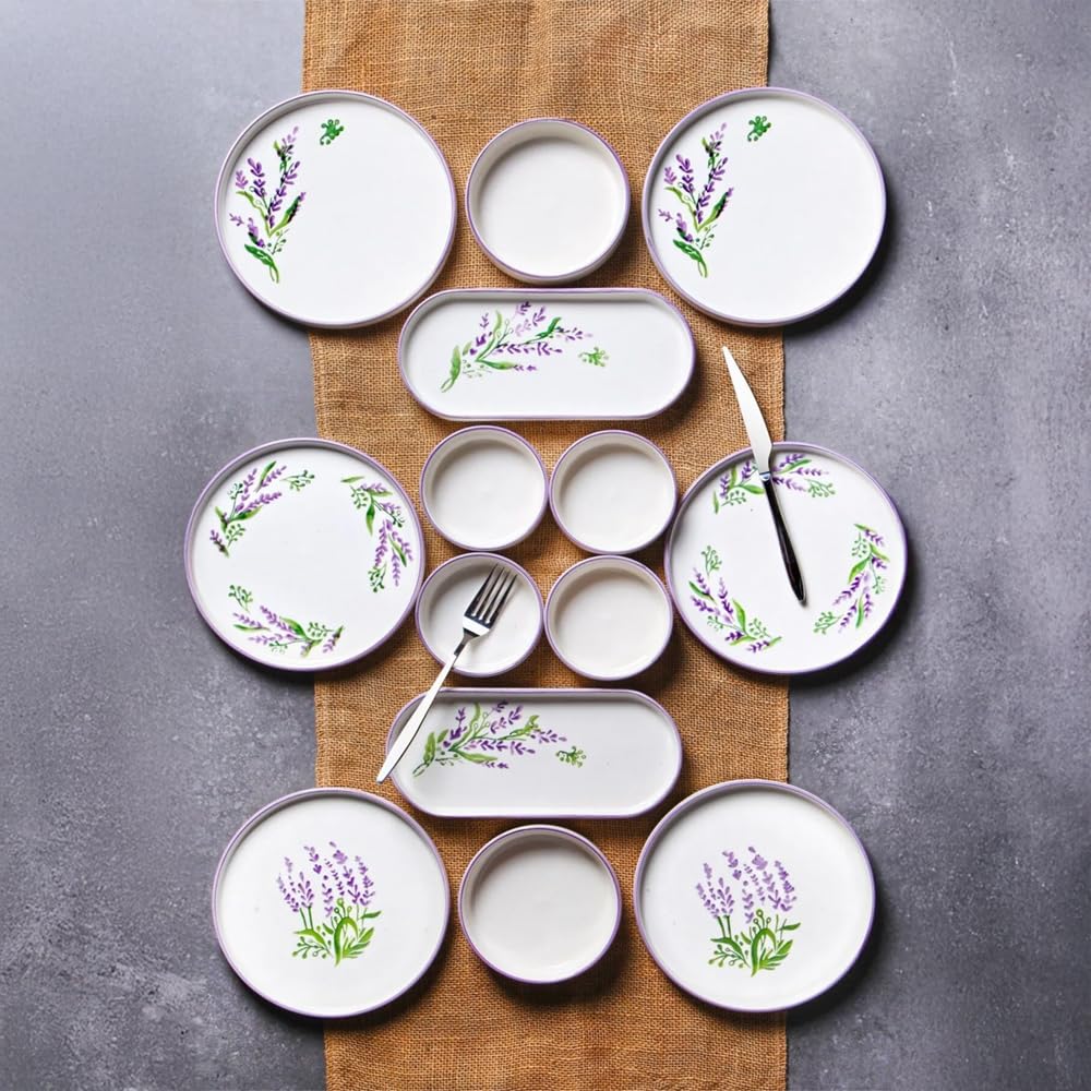 14-teiliges Frühstücksset für 6 Personen – Stackable Lavendel Serie – Handbemaltes Kütahya-Keramikgeschirr mit Servierplatten – Spülmaschinengeeignet & stapelbar