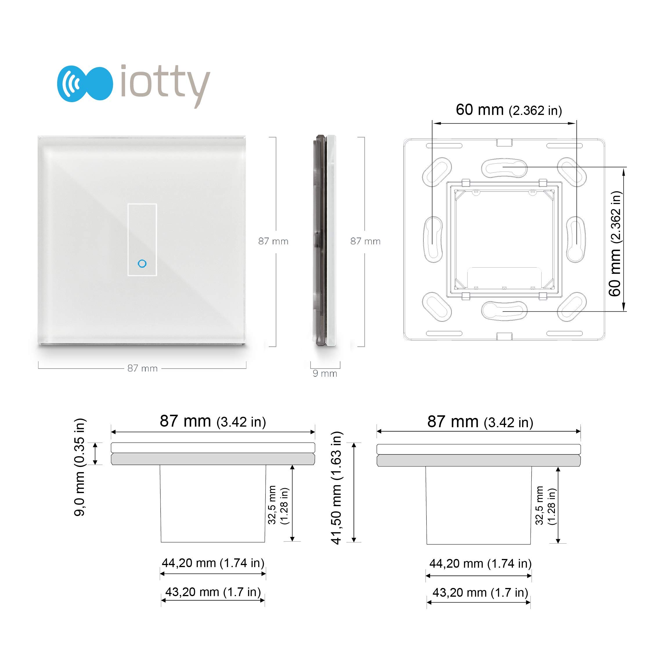 Iotty E1 WLAN-Smartschalter für Beleuchtung und Tore, kompatibel mit Google, Fernsteuerung per App für IOS und Android, Touch-Blende aus gehärtetem Glas mit Hintergrundbeleuchtung., LSWE21B, Schwarz