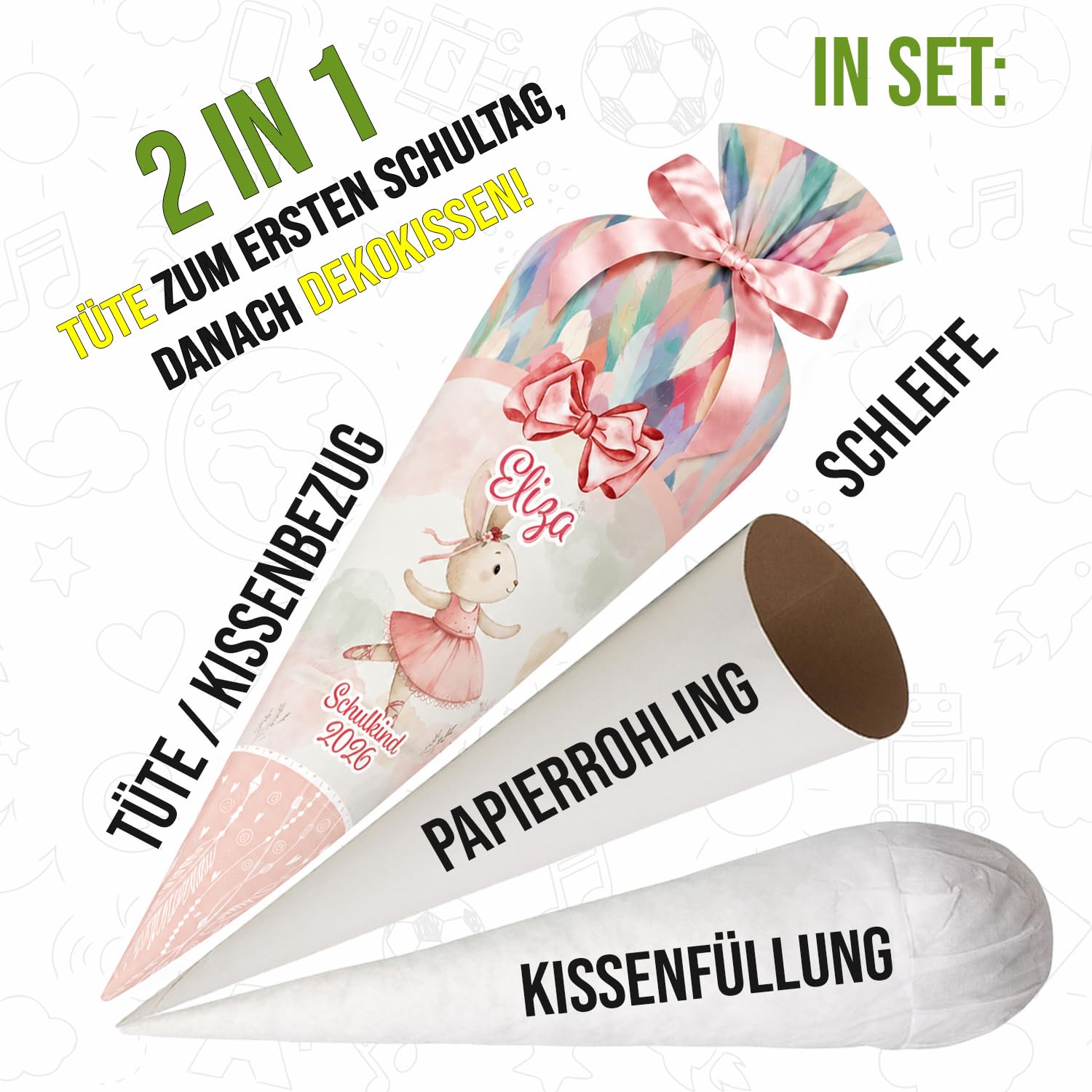 Personalisierte Schultüte Kaninchen Hasse 70 cm Zuckertüte aus Stoff mit runde Papprohling Silikonkügelchen Kissen