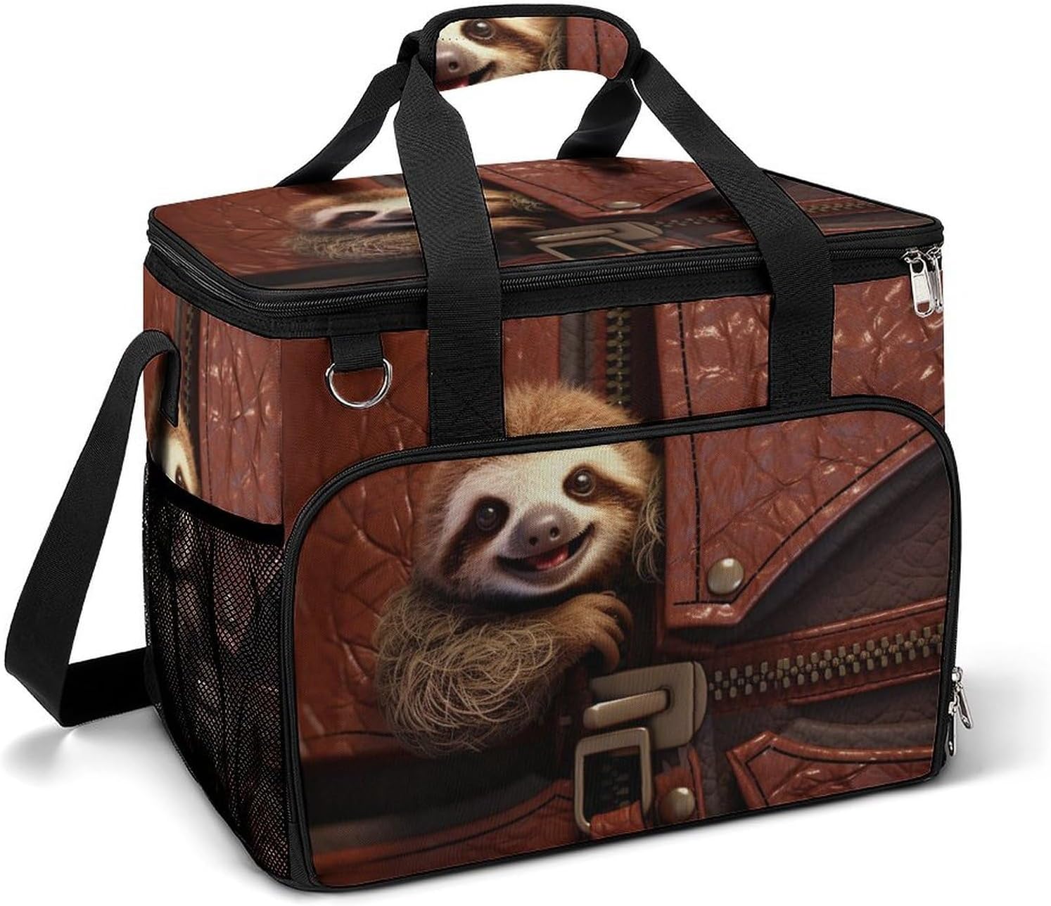 Large Capacity Oxford Cloth Sloth on Zipper Printed Camping Ice Bag, Outdoor Portable Insulation and Cooling Bag, Suitable for Outdoor Camping and Picnics