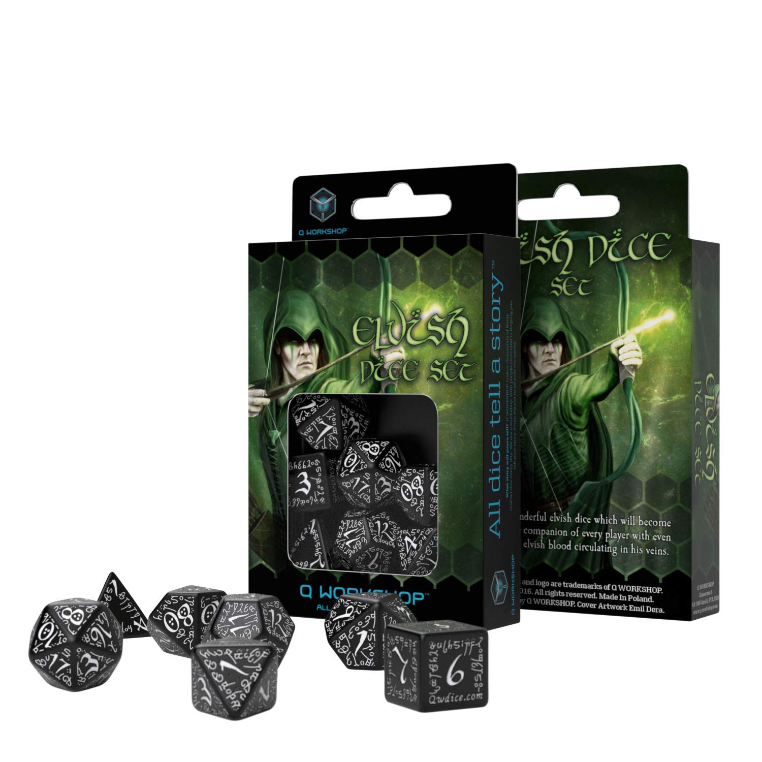 Q Workshop Elvish Black & White Rpg Ornamented Dice Set 7 Polyhedral Pieces