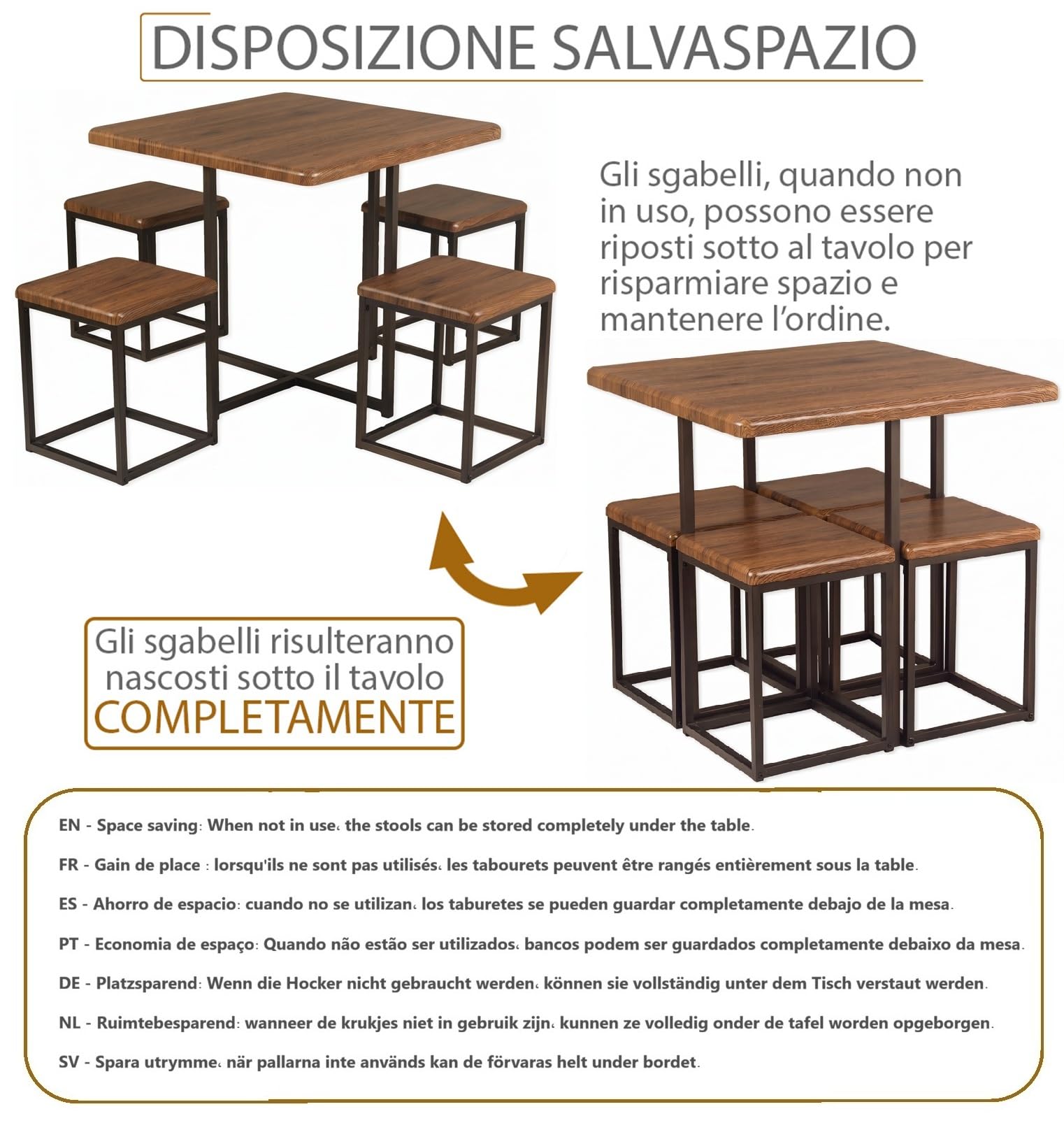 yelloo - Tavolo Bar con Sgabelli Salvaspazio, Angolo Bar per Casa, Tavolino Bar uso Interno, Ideale per Birreria, Pizzeria, Perfetto per Arredare Casa con Stile (Assisi - Tavolo + 4 Sgabelli)
