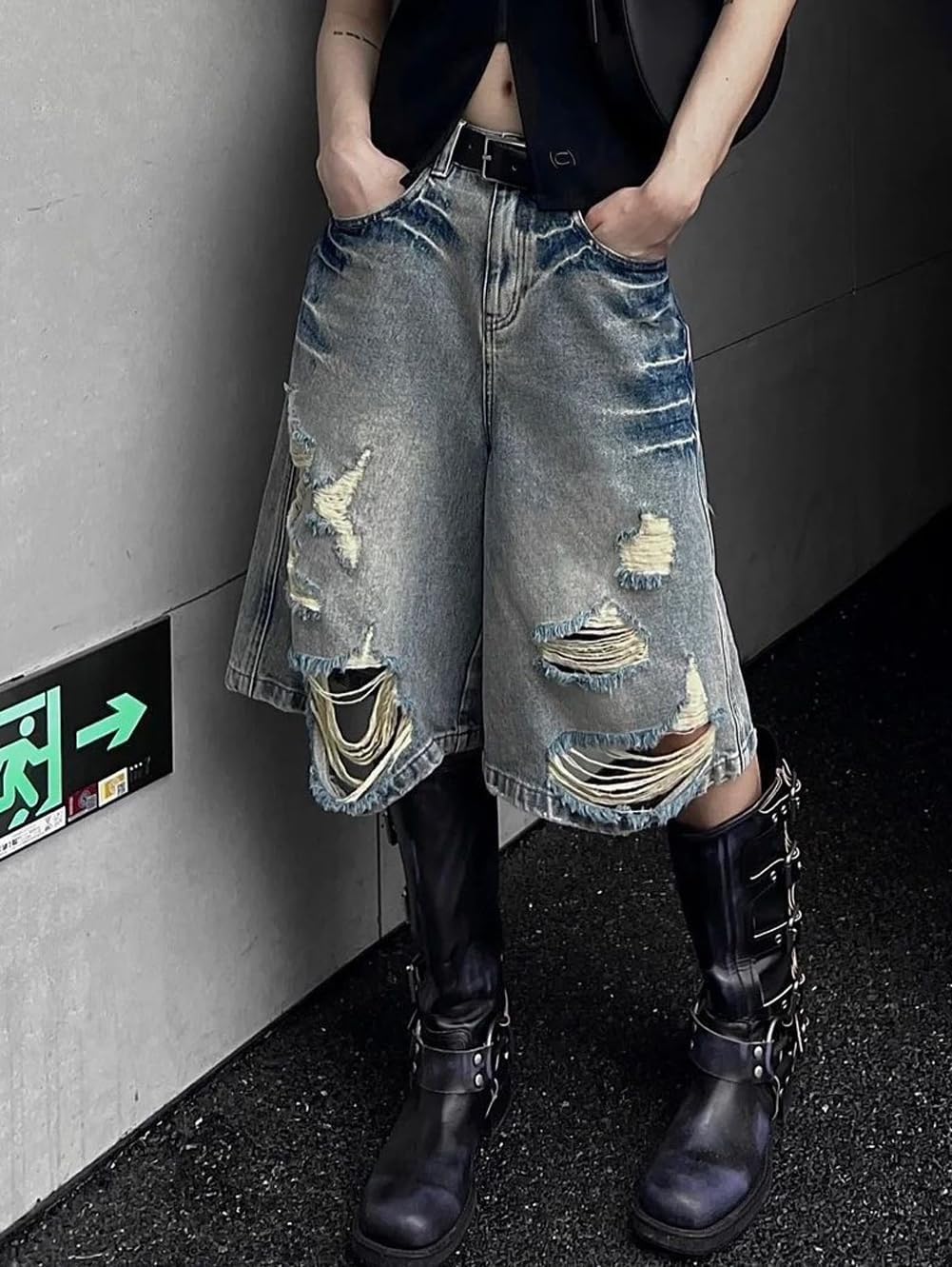 Mens Bermuda Jean Shorts Summer Light Wash Loose Fit Baggy Ripped Distressed Denim Shorts with Pockets