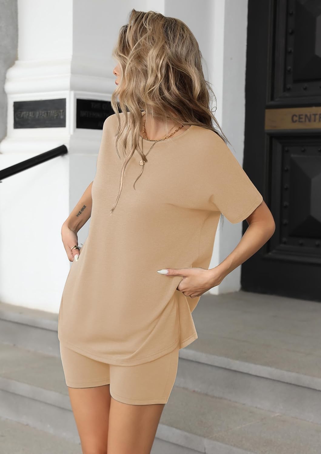 Ekouaer Women's 2 Piece Lounge Set 2026 Summer Biker Shorts Set Outfits Short Sleeve Oversized Top Matching Tracksuit Khaki XXL - Image 5