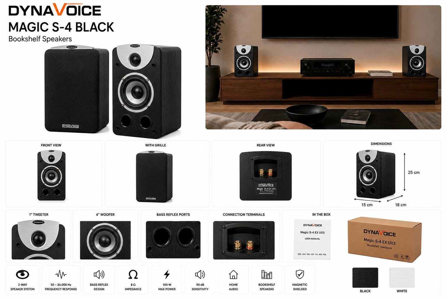 Dynavoice Magic S-4 Negro – Pareja Altavoces de Estantería Hi-Fi 2 Vías con Woofer 4″ y Tweeter 1″ – 90 dB Alta Sensibilidad – 100 W Máx – 4-8 Ohm – Sonido Estéreo Cableado – NO Bluetooth.