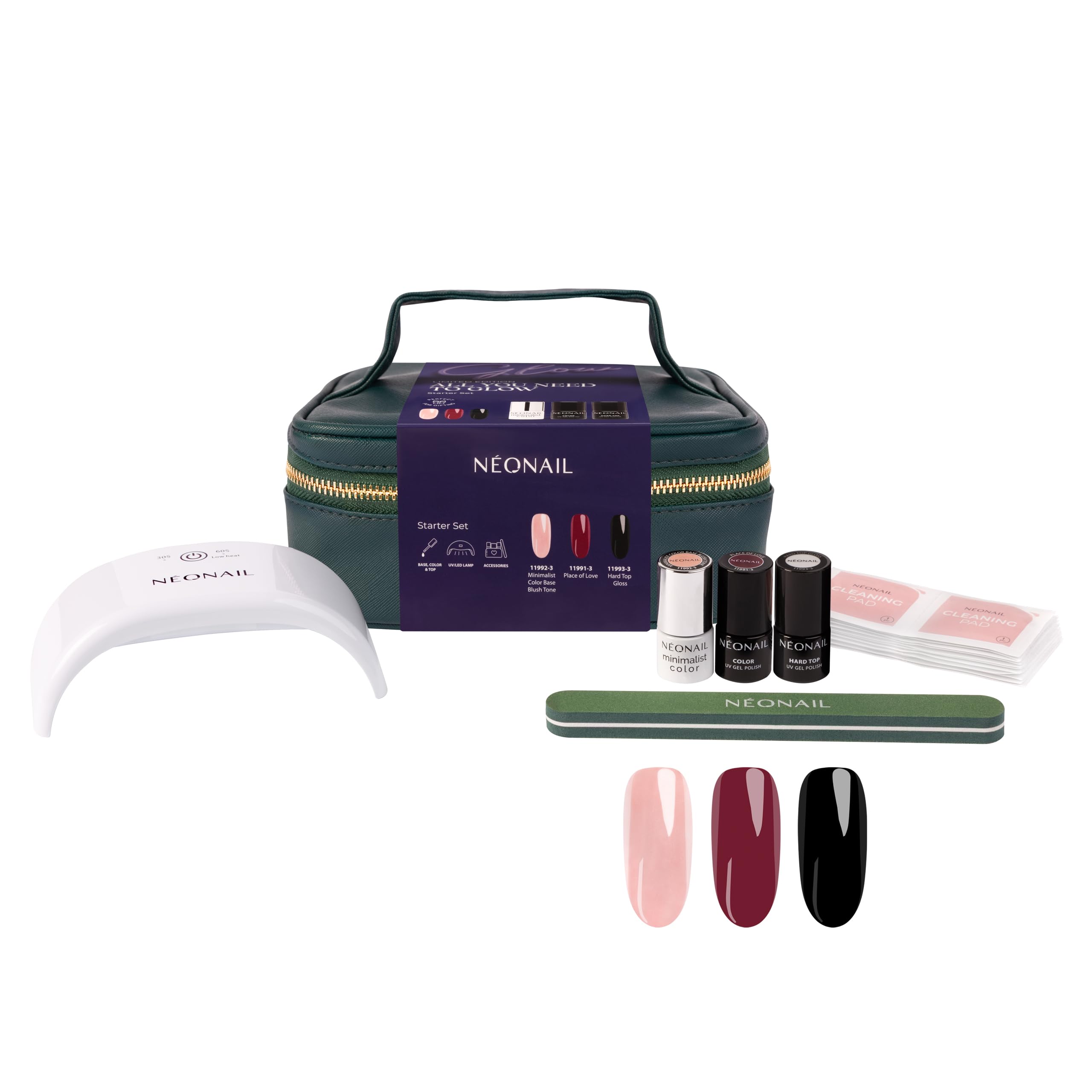 NÉONAIL Zestaw Startowy do Manicure Hybrydowego ALL YOU NEED TO GLOW Starter Set - lampa LED USB 12 W - elegancka kosmetyczka - baza, lakier, top, akcesoria