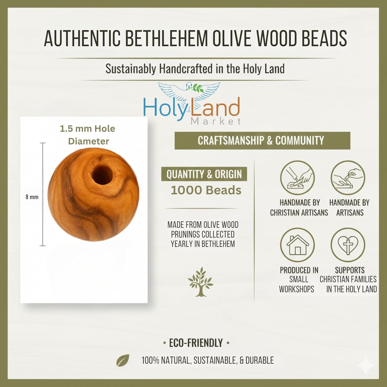 Holy Land Market Olive Wood Rosary Beads 8mm (1000 8mm Beads) - Handcrafted Bethlehem Holy Land Olive Wood Beads with Certificate of Authenticity - Rosary Beads