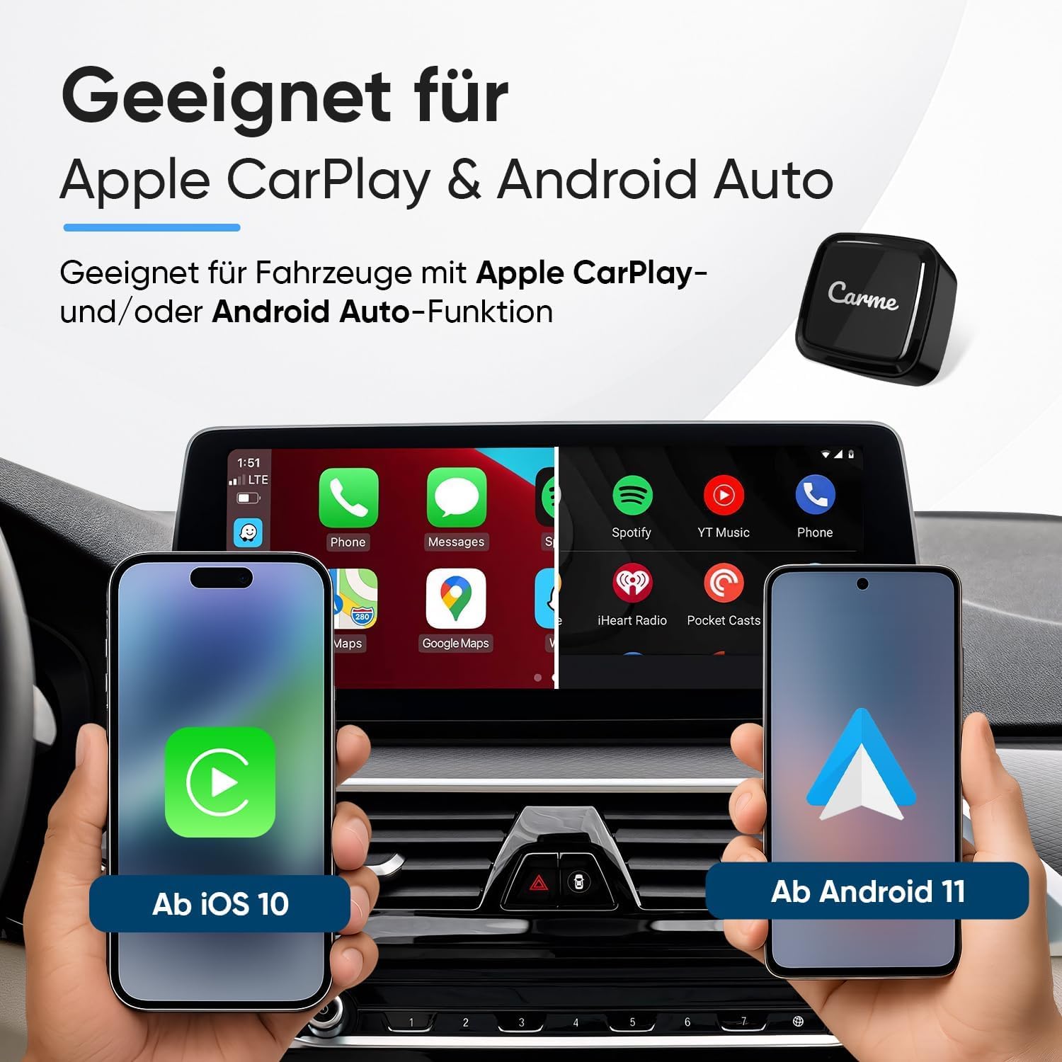 CarMe Ultra Mini 2-in-1 CarPlay Wireless Adapter & Android Auto Wireless Adapter, wandelt kabelgebundenes CarPlay & Android Auto in kabellos um, Easy Plug & Play für iOS 10+/Android 11+ (Schwarz)