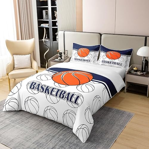 Miniatura 3 de Funda de edredón deportiva de baloncesto 100% algodón, diseño de grafiti dibujado a mano retro, transpirable, funda de edredón con patrón de juego
