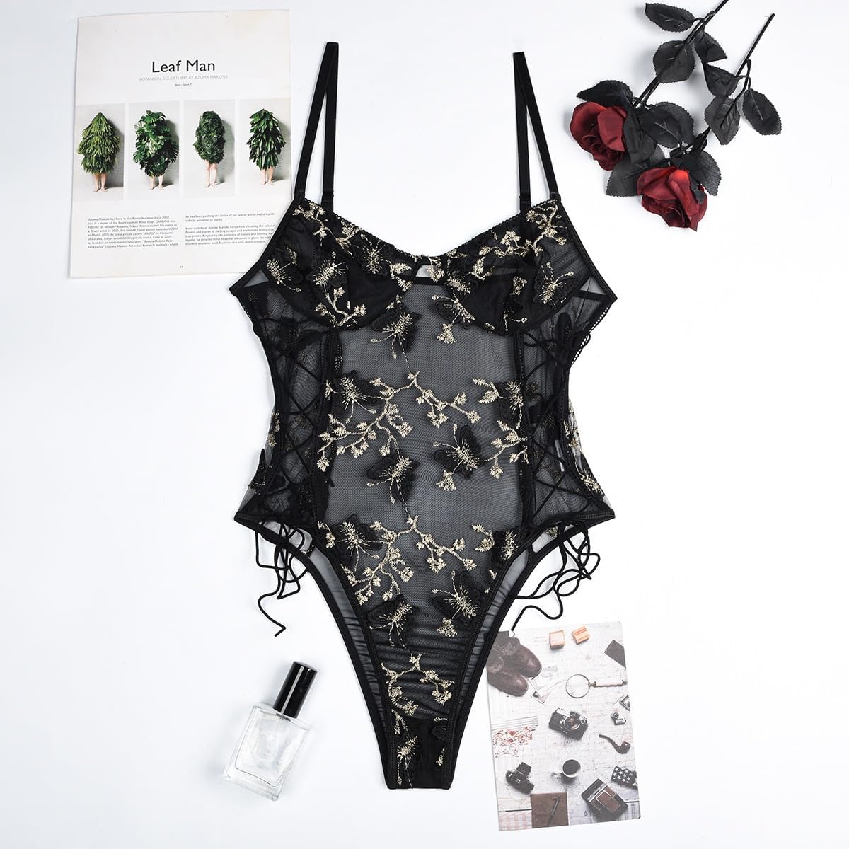 Lilosy Women Sexy Lace Up Floral Embroidered Teddy Lingerie Bodysuit Top Mesh Sheer One Piece: Medium Butterfly Black