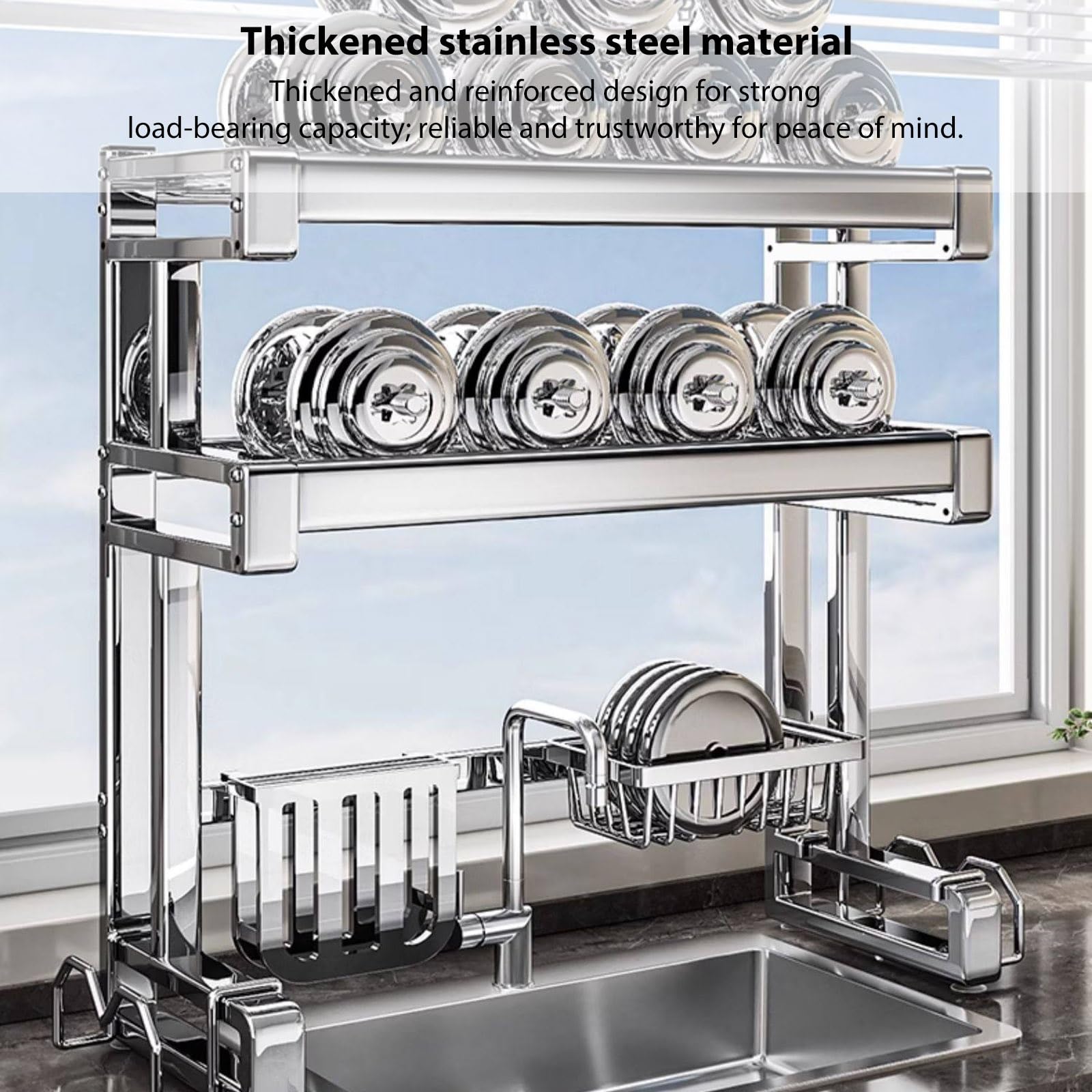 Escurridor de platos para encimera de cocina sobre fregadero, estante de metal multifuncional para organización de cocina, almacenamiento de doble capa para platos, vasos, cuencos, cubiertos, 97 cm