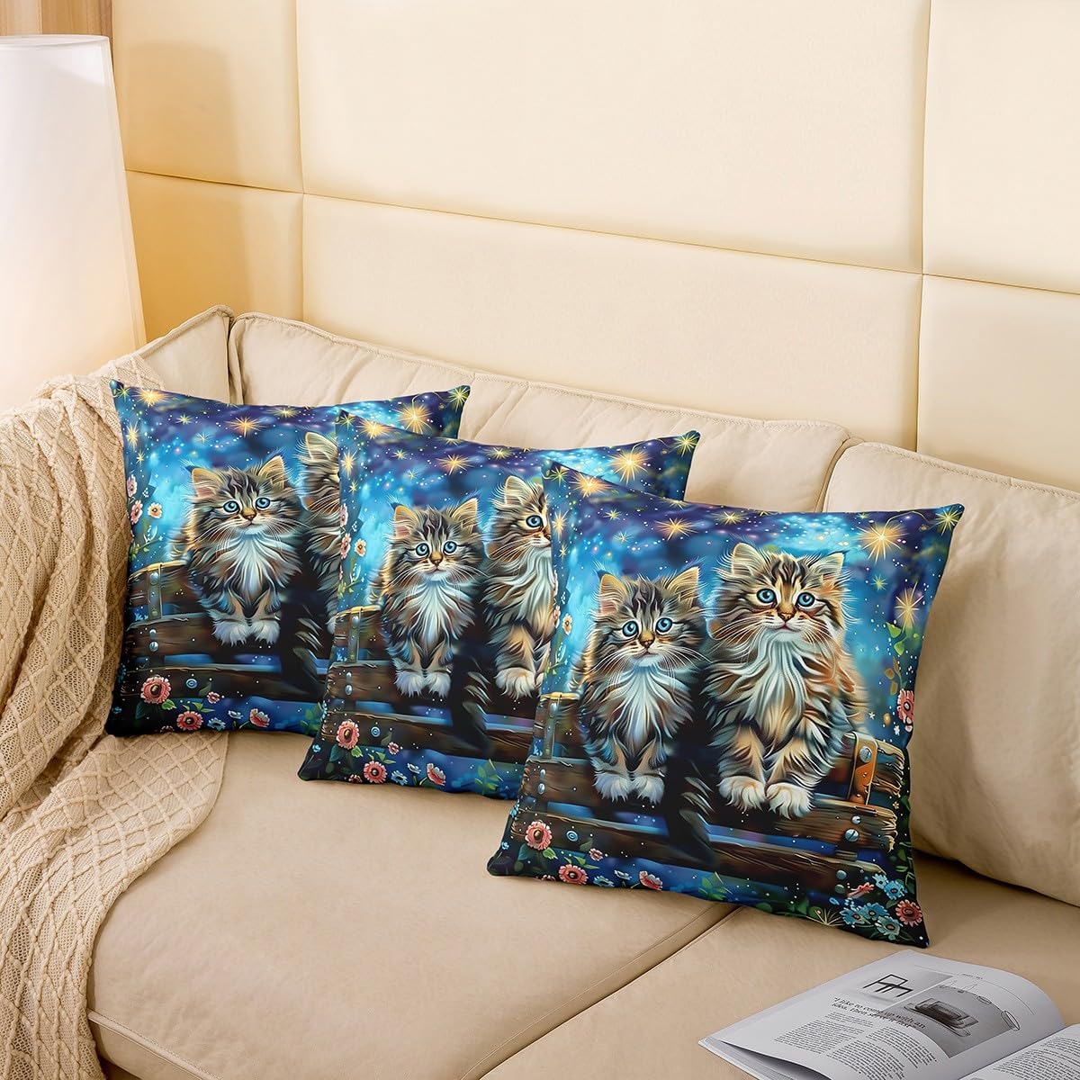 Lovely Cat Throw Pillow Covers 24"x24" for Kids Boys Girls Starry Galaxy Star Cushion Covers Cute Pet Animal Cushion Case Garden Flower Wood Chair Bedroom Decor,Set of 2