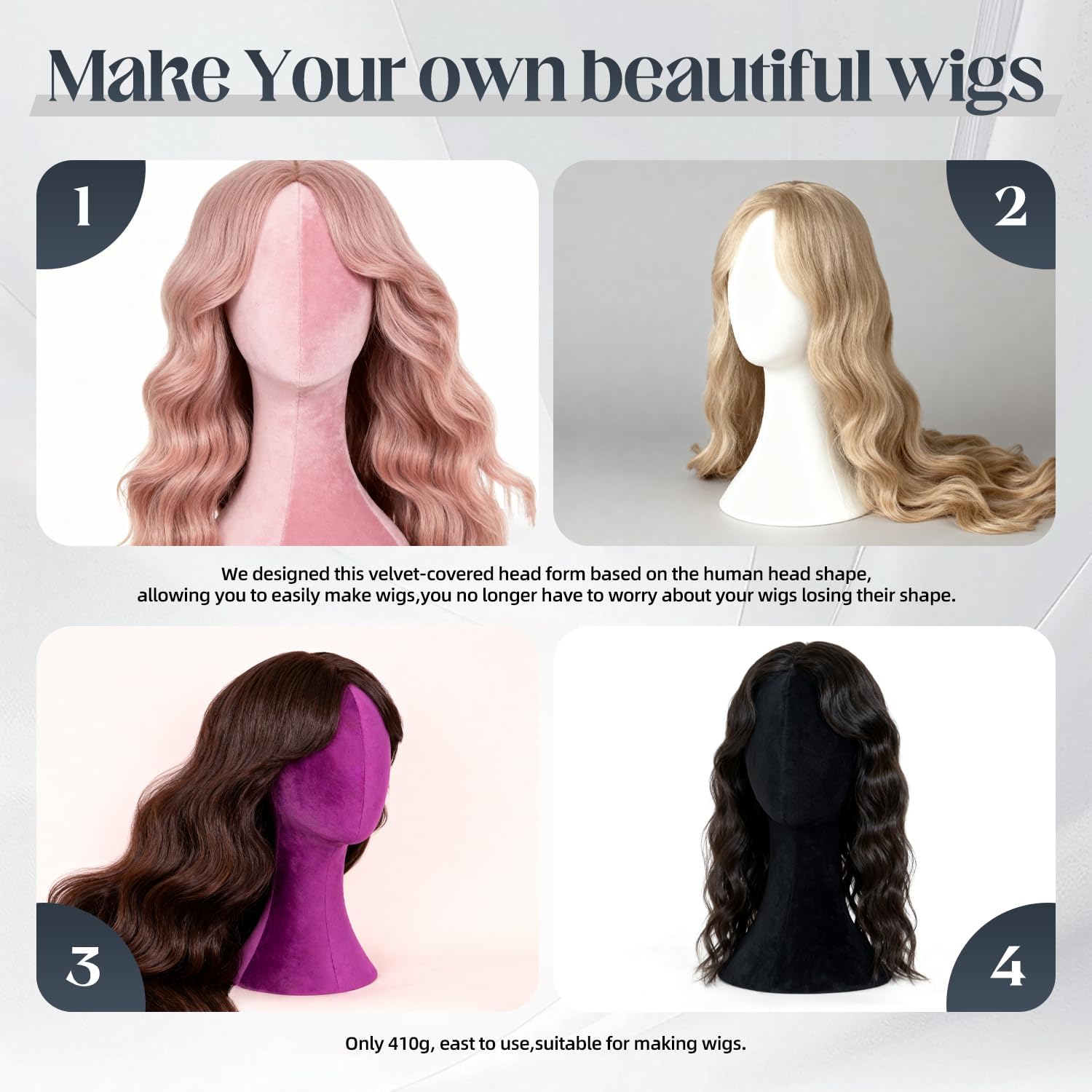 Wig Head Stand Mannequin Head Hat Display Stand Velvet Wig Holder for Mask, Headdress, Necklace (White)