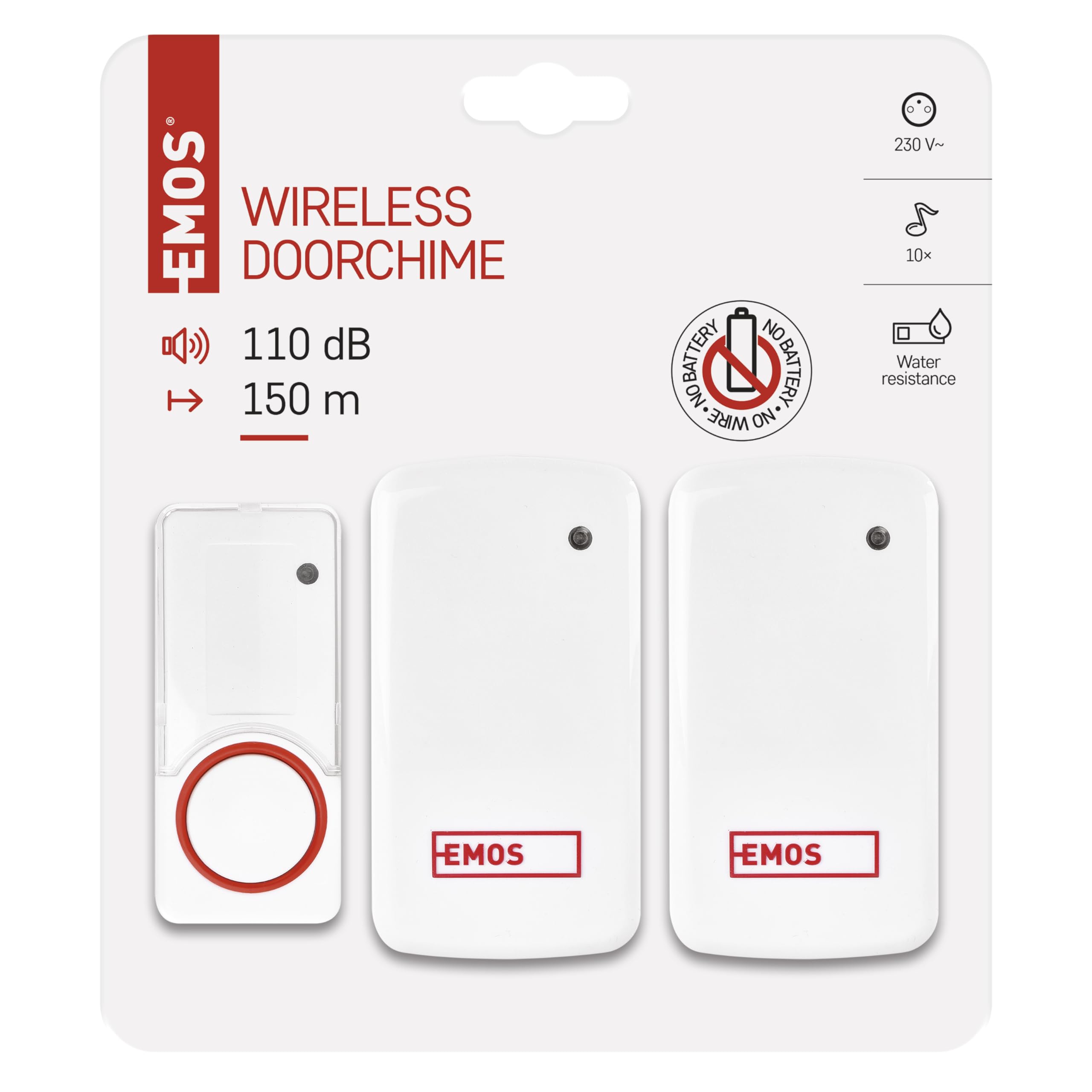 EMOS Juego de Timbre inalámbrico sin batería, con 2 receptores, Alcance de 150 m y 10 Tonos de Timbre, 5 Niveles de Volumen hasta 110 dB, indicador Visual, emparejamiento de autoaprendizaje, Color