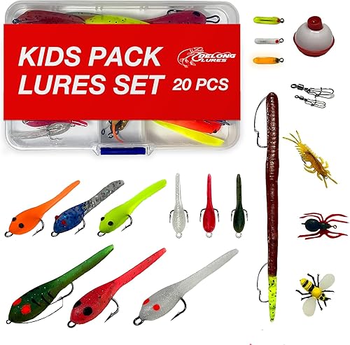 DeLong Lures Paquete de 20 señuelos de pesca para niños, fácil de usar, kit de señuelos de pesca preaparejados, señuelos bluegill, señuelos de