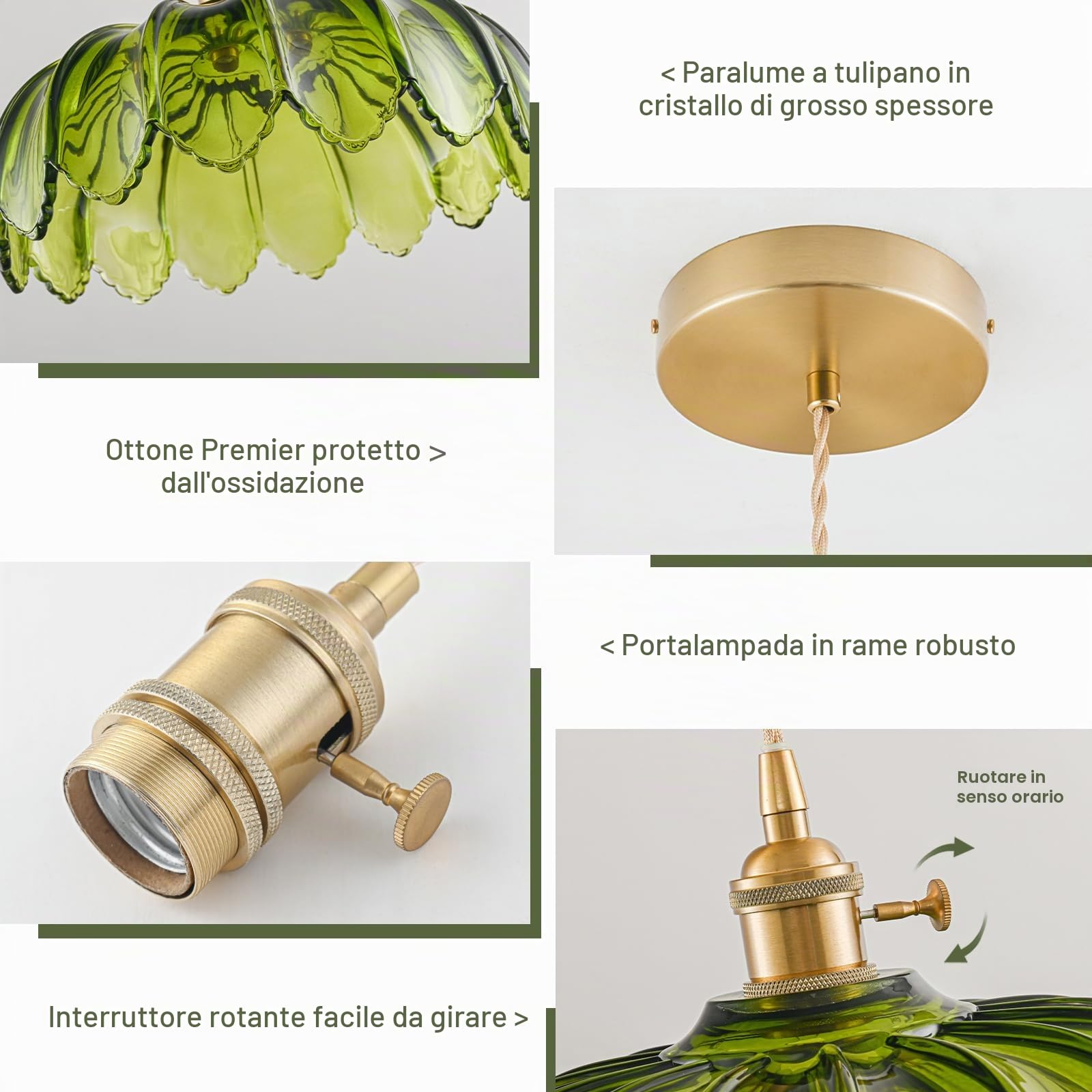 Lampadario a Sospensione Regolabile Verde per Isola Cucina, Lampadario Vintage in Ottone, Lampadario Vetro, Adatto per Camera da Letto, Sala da Vivere, Stanza da Pranzo, Lampadine Non Incluse