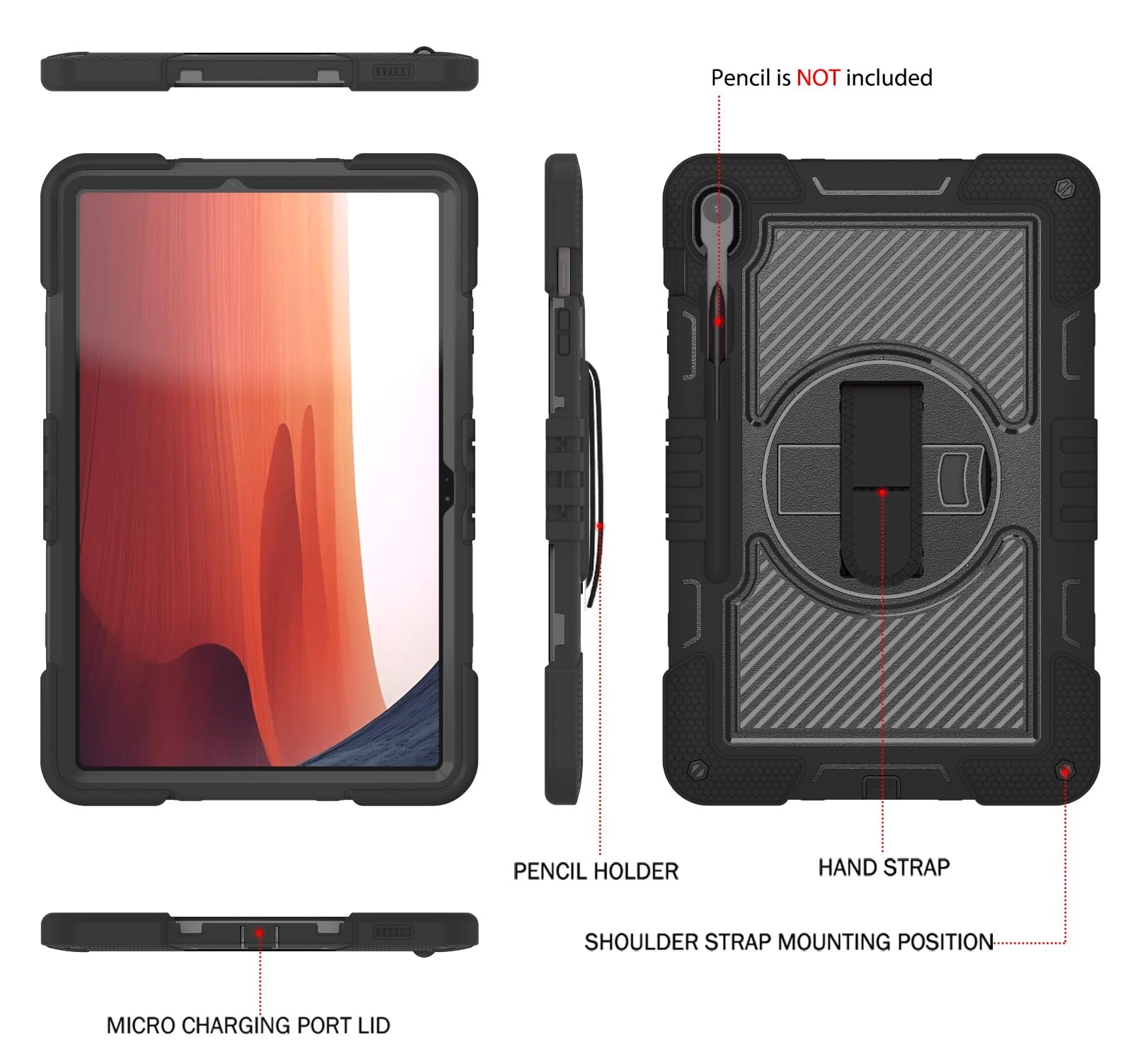 Custodia protettiva antiurto per Samsumg Galaxy Tab S10 FE+/S10 FE Plus 13" 2025, custodia protettiva antiurto con cinghia da polso e tracolla, supporto stabile in silicone (nero)