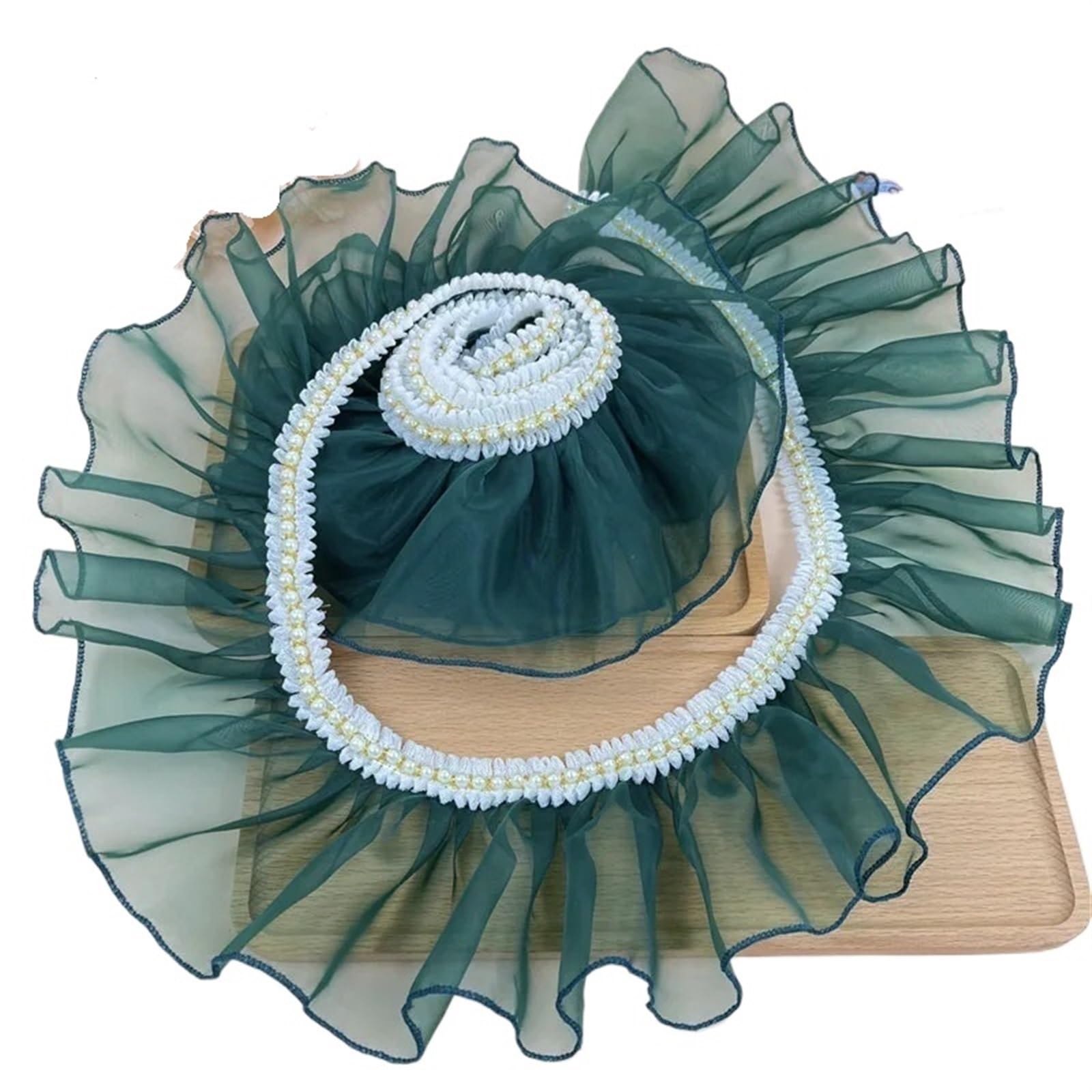 Pleated Beaded Ruffle Lace 1Meter Organza Pleats Ruffle Lace Trim with Beads Lace Sewing Craft (Color : Dark Green, Size : 2meter)