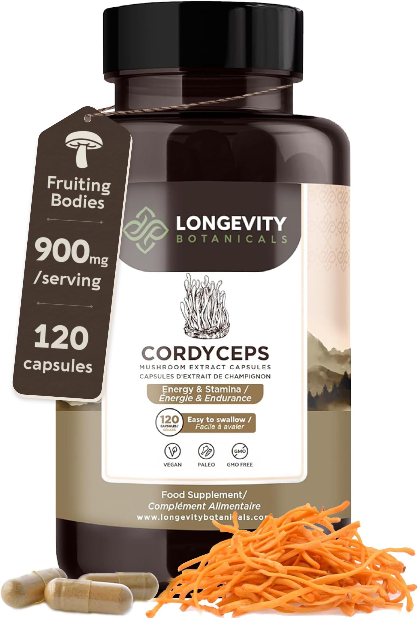 Cordyceps Mushroom Capsules Supplement (120) | Pure Fruiting Body 10:1 High Strength Extract | 30% Beta-D Glucans | 9 000mg Raw Equivalent Per Serving | No Fillers | Energy Stamina & Oxygen Support