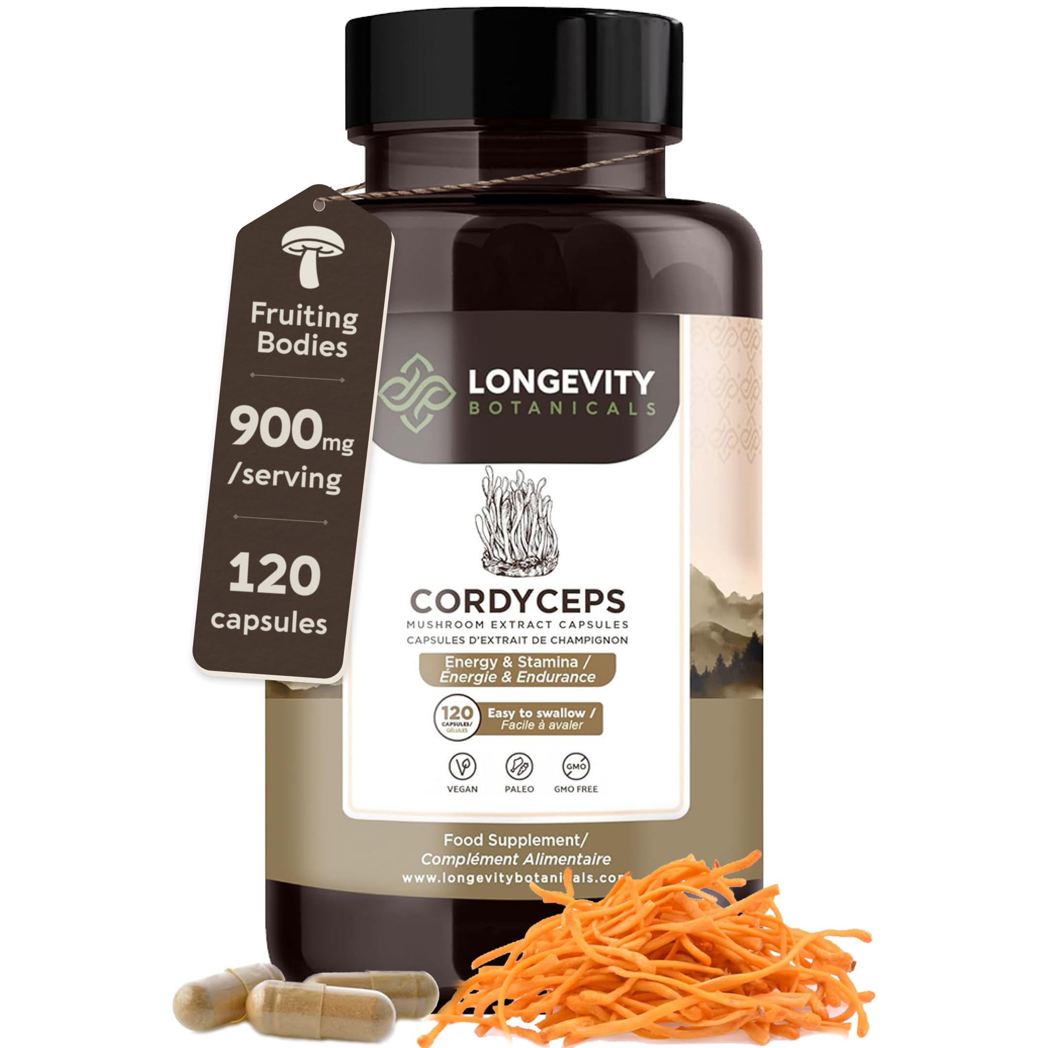 Cordyceps Mushroom Capsules Supplement (120) | Pure Fruiting Body 10:1 High Strength Extract | 30% Beta-D Glucans | 9,000mg Raw Equivalent Per Serving | No Fillers | Energy, Stamina & Oxygen Support