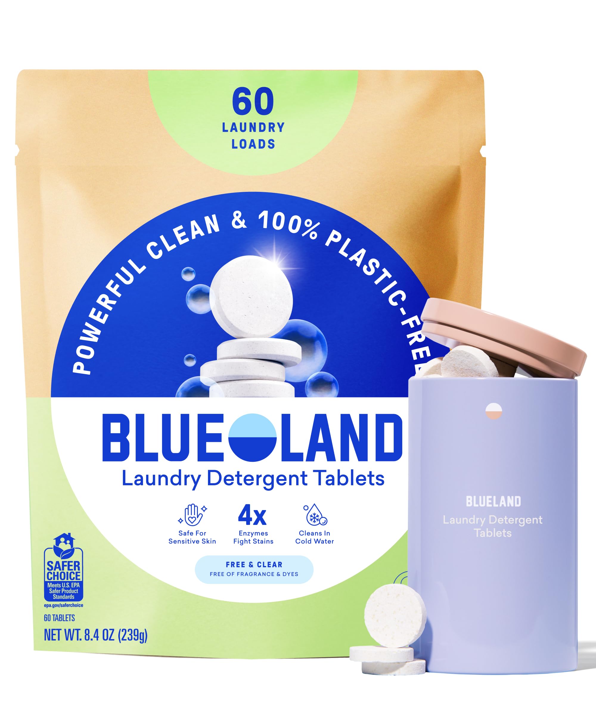 - BLUELAND Laundry Detergent Tablets, Starter Set, 60 Count with Tin, Plastic-Free Eco-Friendly Pods, Sheets, Liquid Alternative - Fragrance Free and Clear, Natural, Gentle