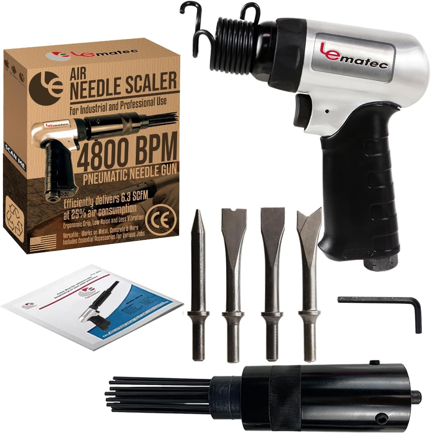 LE LEMATEC Air Needle Scaler with Air Chisel Kit, 4800 BPM Pneumatic Air Hammer Needle Gun for Metalworks, Rust, Weld & Paint Remover, Pistol Grip Metal Scraper Air Compressor Accessories (LE-AN324K)