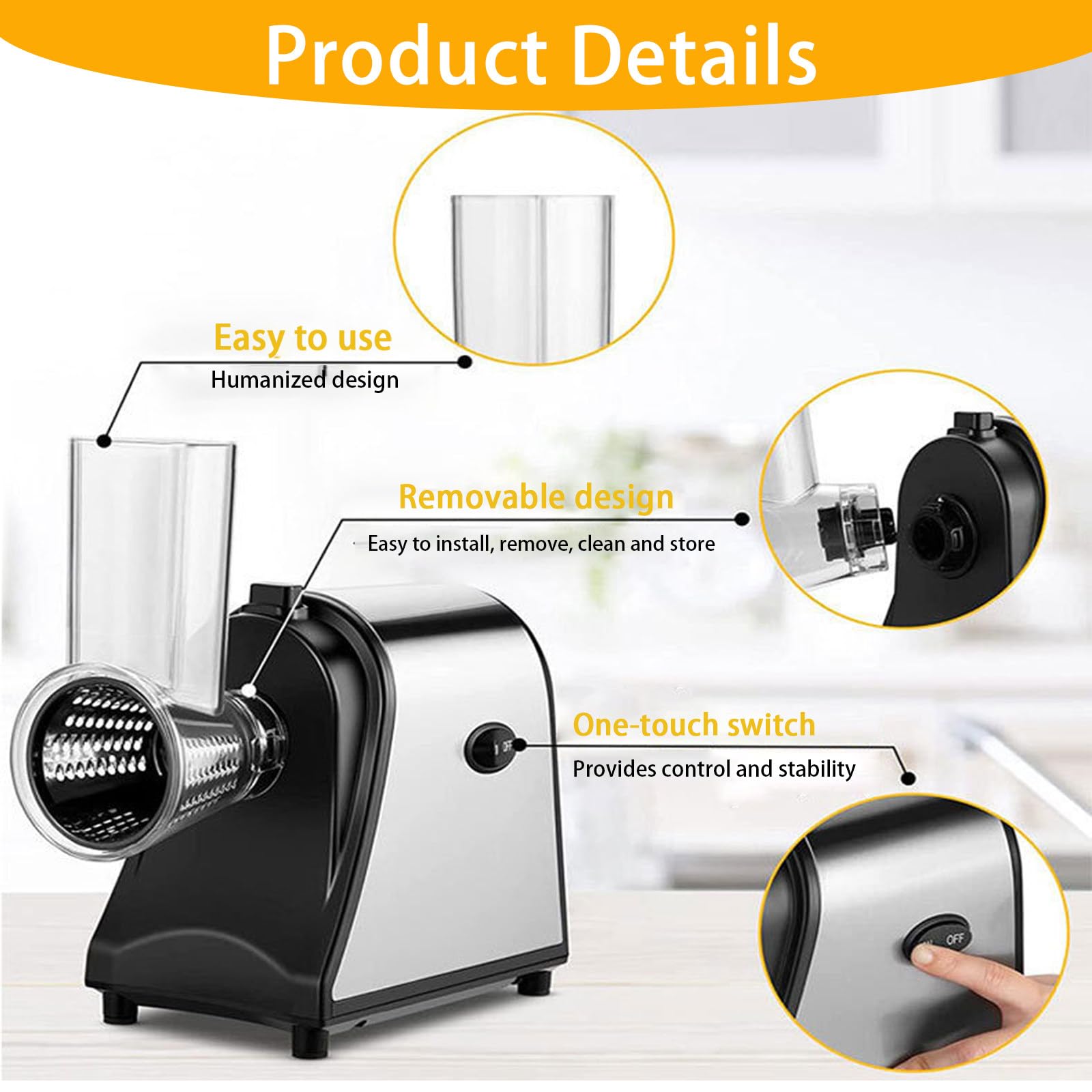 Rallador Queso Eléctrico,Cortador Verduras Eléctrico 5 En 1,con 5 Cuchillas,para Calabacín,Queso,Verduras,Control Fácil con Un Solo Toque,con Cuatro Almohadillas Antideslizantes