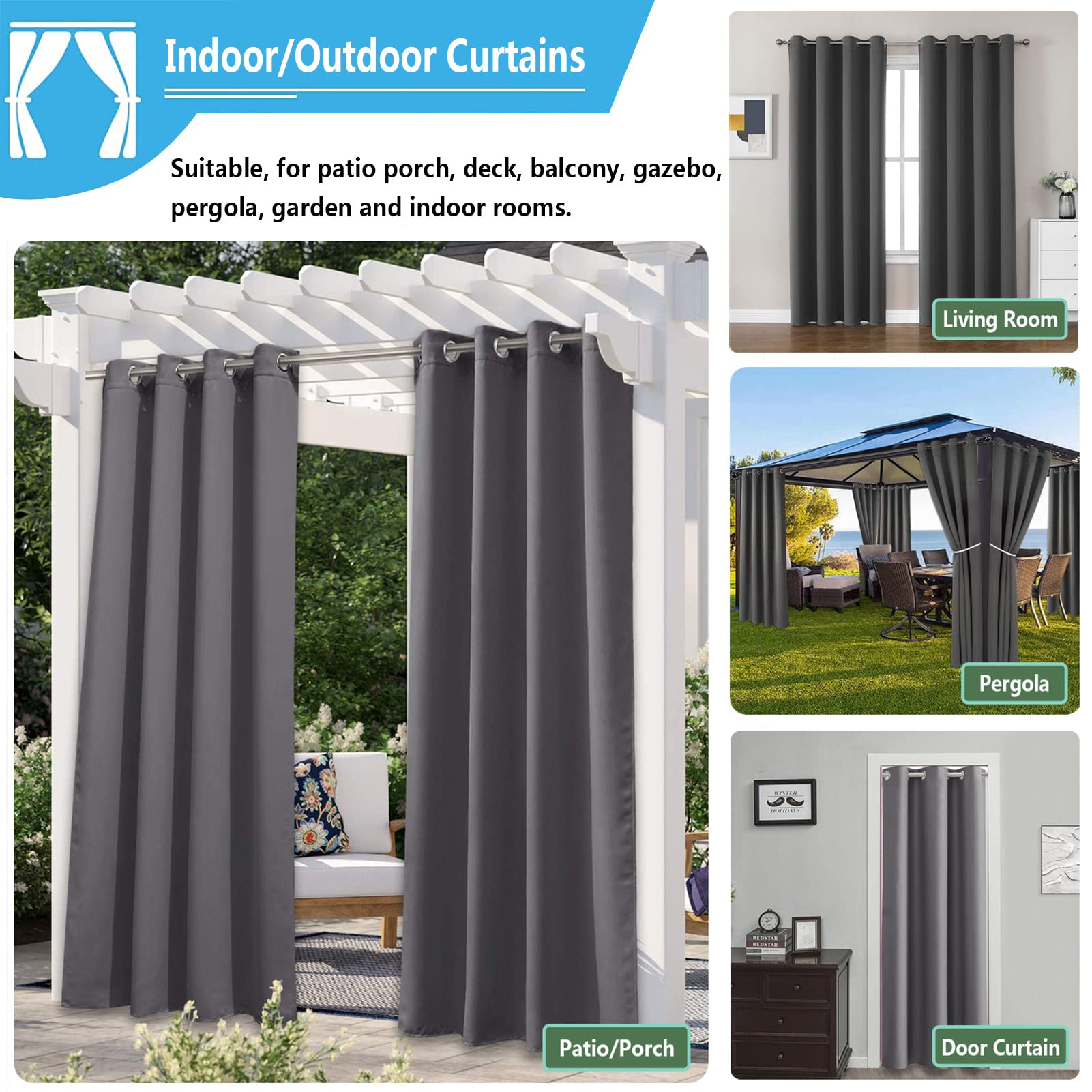 Schwarze Verdunkelungsvorhänge wasserdichte Terrassenvorhänge Outdoor Vorhang Wetterfest Mit Ösen Uv Schutz Sonnenschutz Blickdicht Gardine Für Balkon Garten Pavillon,305x213cm(W x L)