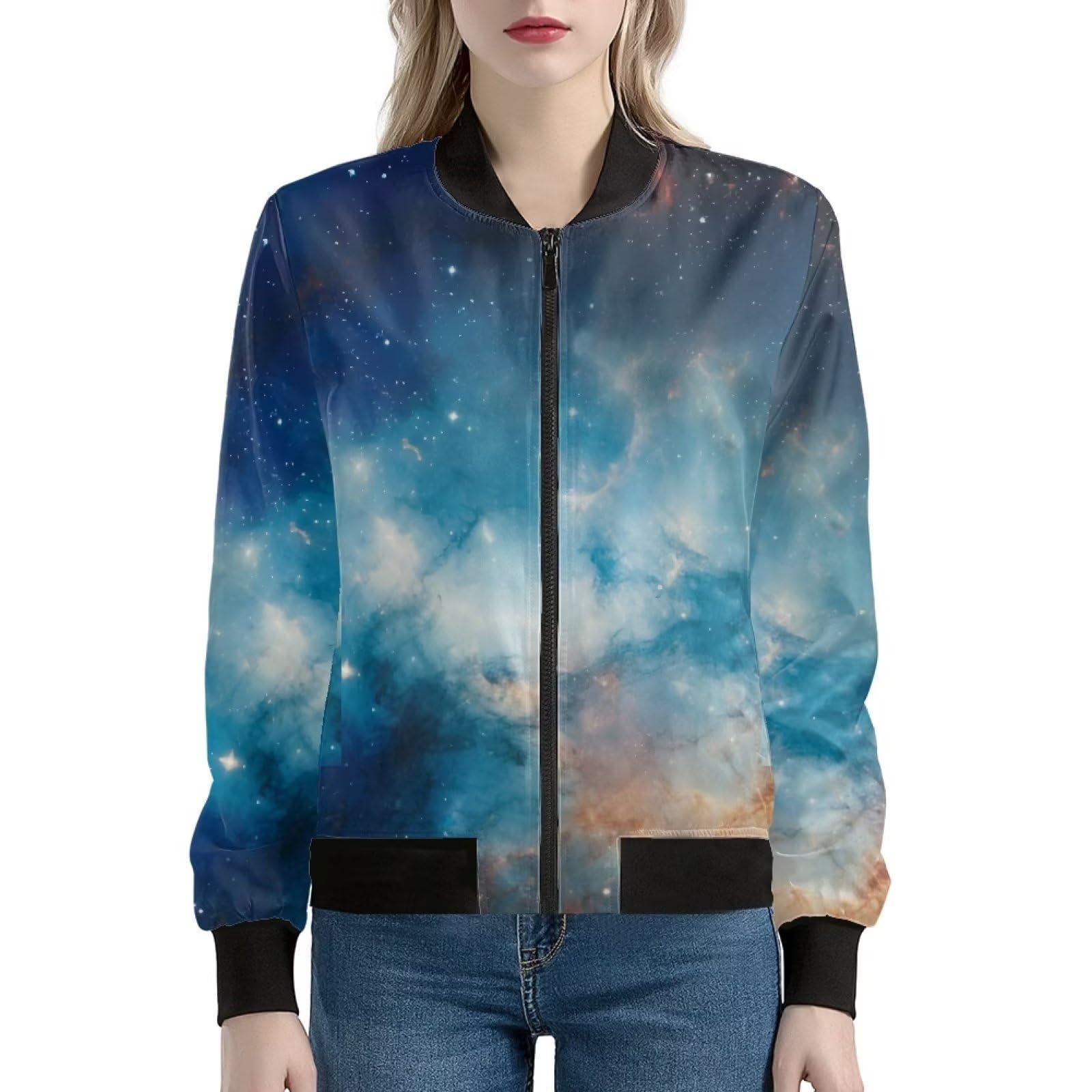 ORGYPET Blue Galaxy Women's Cycling Full-Zip Jacket Women's Hiking Shirts Sun Protection Shirt with Pockets Long Sleeve Crew Neck Outdoor Running Fall Jacket