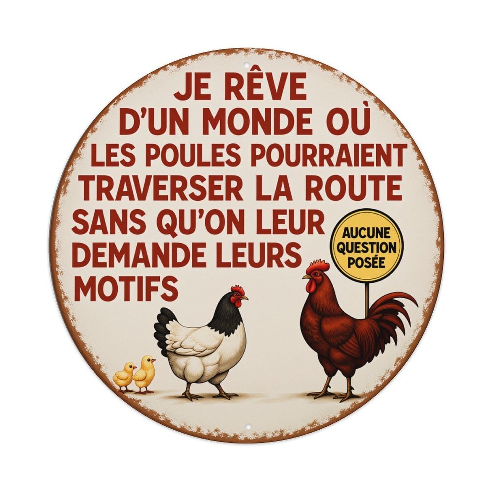 Chicken Rooster Chicks Sign Text Vintage Metal Tin Sign Retro Wall Decor for Home Bar Garage Cafe, Indoor & Outdoor Decorative，circle Metal Poster, 8x8 Inch
