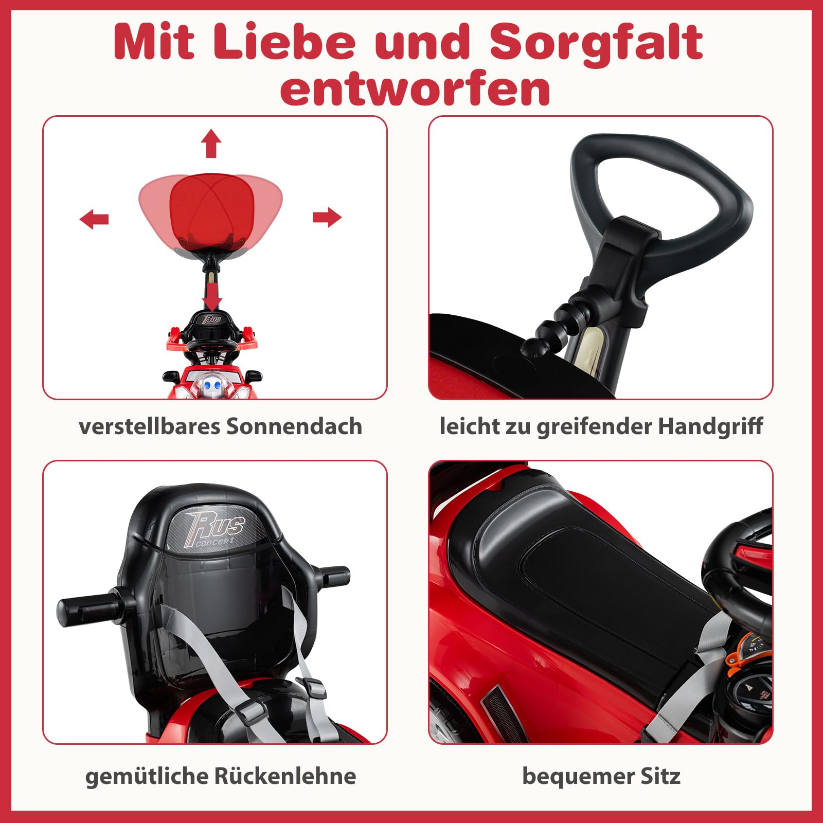 COSTWAY 3-in-1 Rutschauto mit Schiebestange, Rutschfahrzeug mit Hupe, Musik, Licht & Sicherheitsgurt, Schiebauto mit Stauraum, abnehmbarem Schutzbügel, Rutscher Auto für Kinder ab 1 Jahr (Rot)