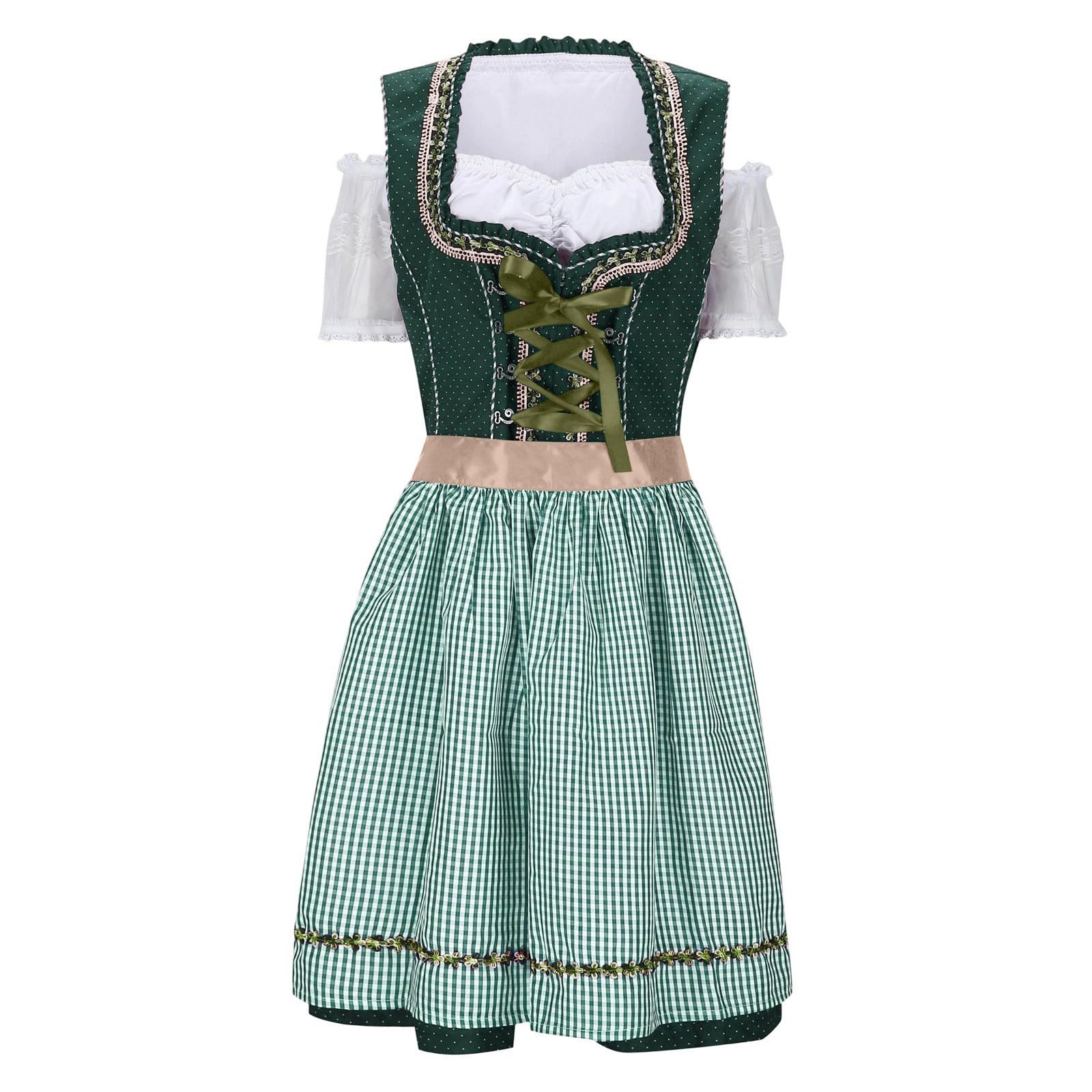 Generisch Dirndl Komplettset Women Midi Dirndl Und Bluse Mit Schürze Kurzarm Oktoberfest Damen Outfit Kariert Trachtenbluse Dirndlbluse Trachten Schürze Elegant Dirndlkleid Set