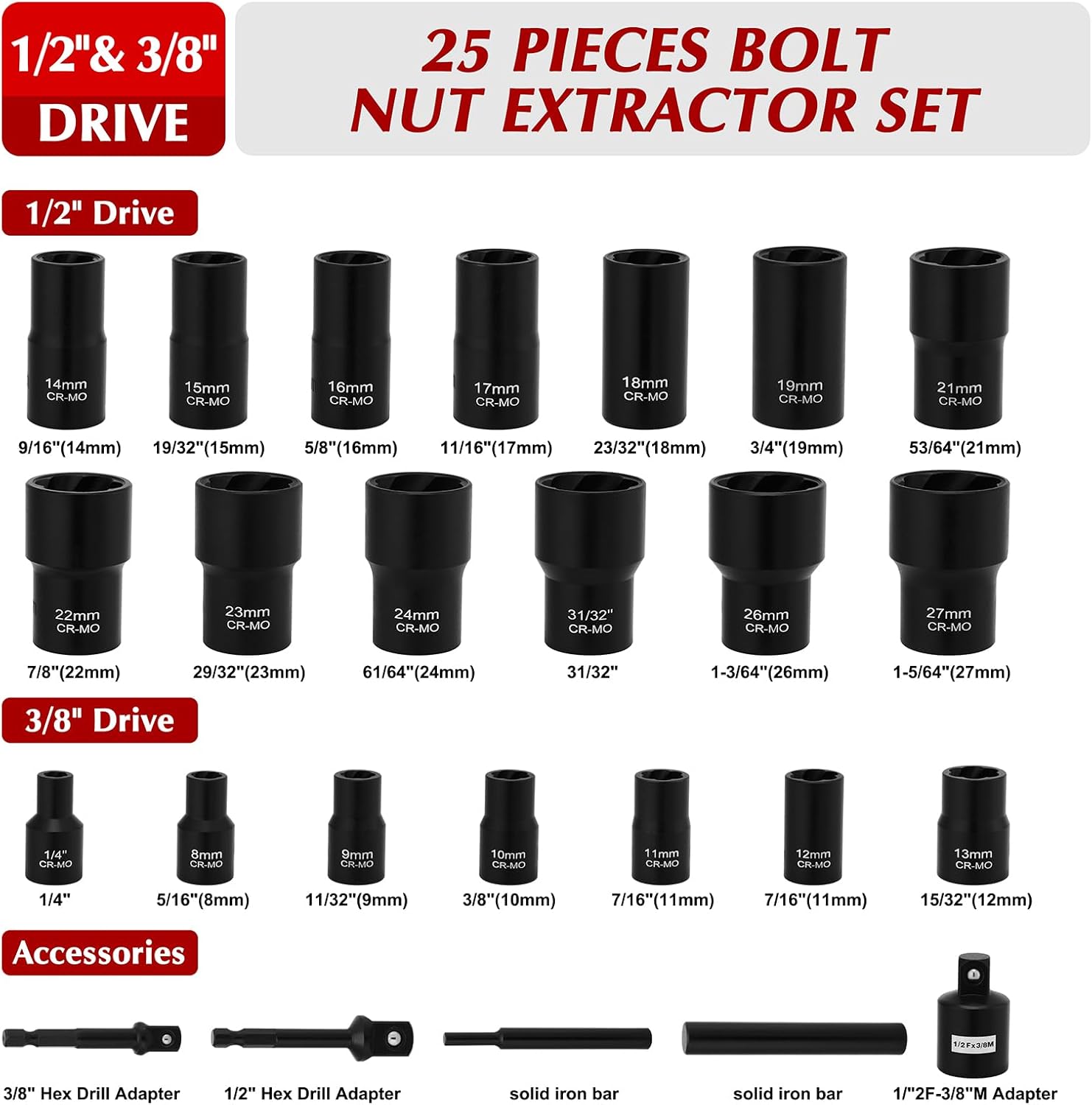EMENTOL 25 Pieces Bolt Nut Extractor Set, 1/2" and 3/8" Drive Impact Lug Nut Remover Socket Tool, Wheel Lock Removal Kit for Removing Stripped Rusted Nuts/Damaged Nut or Bolt/Locknuts