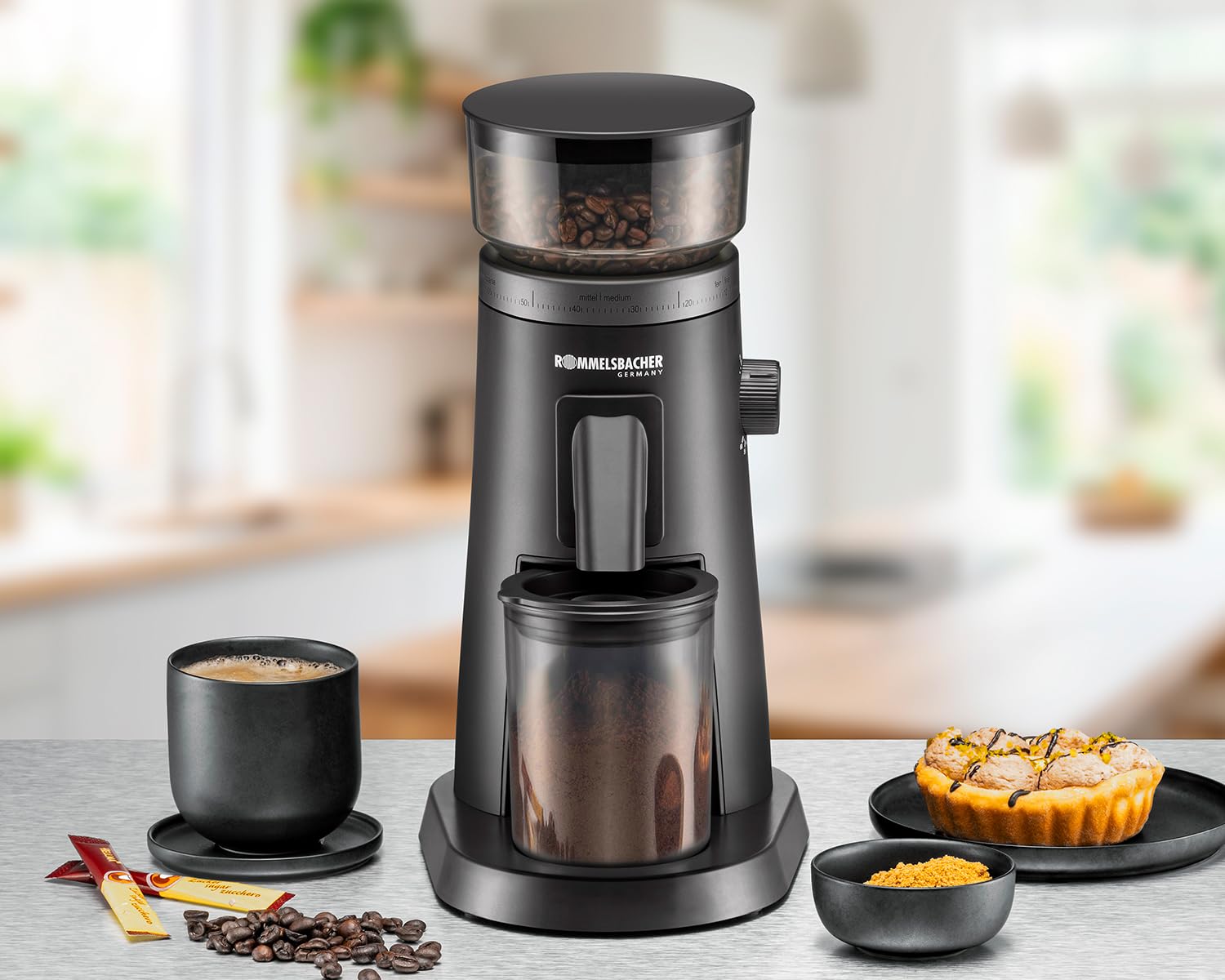 ROMMELSBACHER Molinillo de café Premium EKM 600, mecanismo de acero inoxidable con engranaje de metal resistente para molienda de alta homogeneidad, espacio muerto optimizado con fuelle adicional, 75