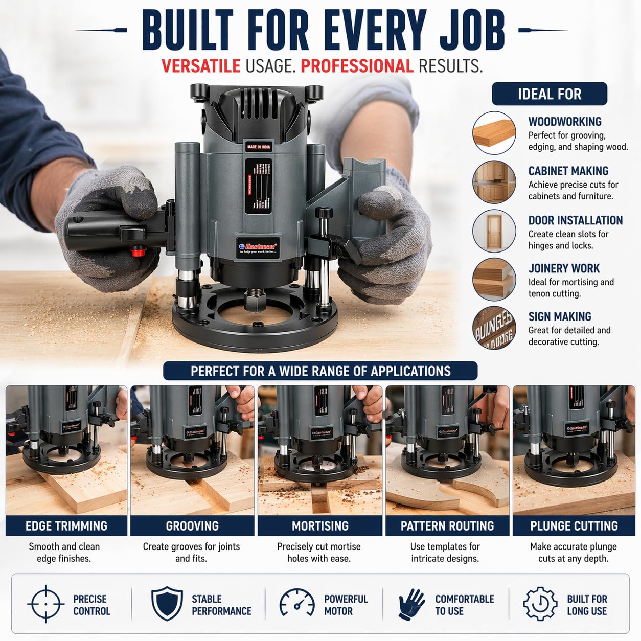Eastman Electric Router EER-812N (1200W, 230V) High Speed 21000 RPM Woodworking Machine with Dual Bit Capacity (8mm & 12mm) for Precision Grooving & Edging 1