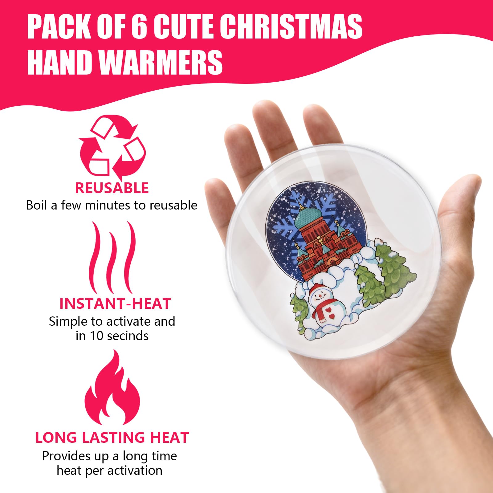 6 x Weihnachts-Handwärmer, wiederverwendbar, mit Schnappverschluss, tragbar, dauerhafte Heizung, Handheizung, Beutel, Gel, niedlich, lang anhaltende Wärme für Camping, Outdoor-Weihnachtsmuster, für
