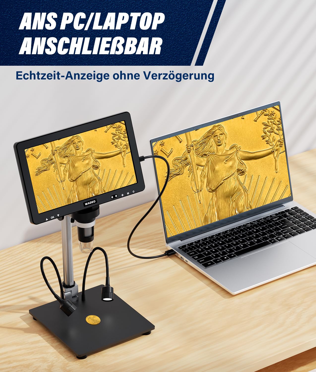 WADEO 10,1-Zoll-LCD-Digitalmikroskop 1500x inkl. 32GB Karte, Tragbares Mikroskop USB-Digitalmikroskop Lötmikroskop mit 8 LEDs und Metallständer, MacOS Windows kompatibel, für Reparaturen und Löten