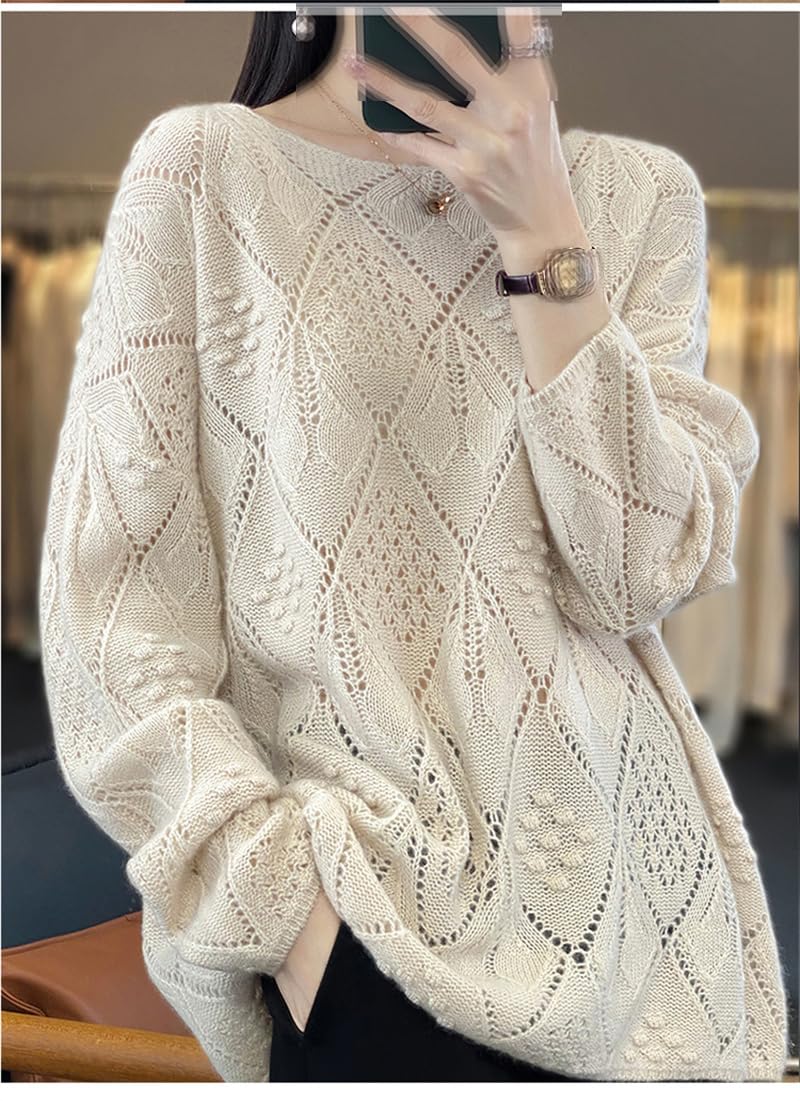 Maglione da donna in lana girocollo a maglia cava pullover sciolto pigro sottile maglioni