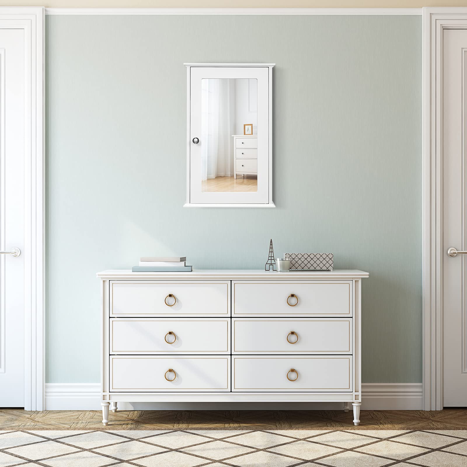 GIANTEX Armario de Pared con Espejo, Mueble de Baño Colgante con Espacio de Almacenamiento, Estante Interior Ajustable, 34 x 15 x 53 cm (Blanco)