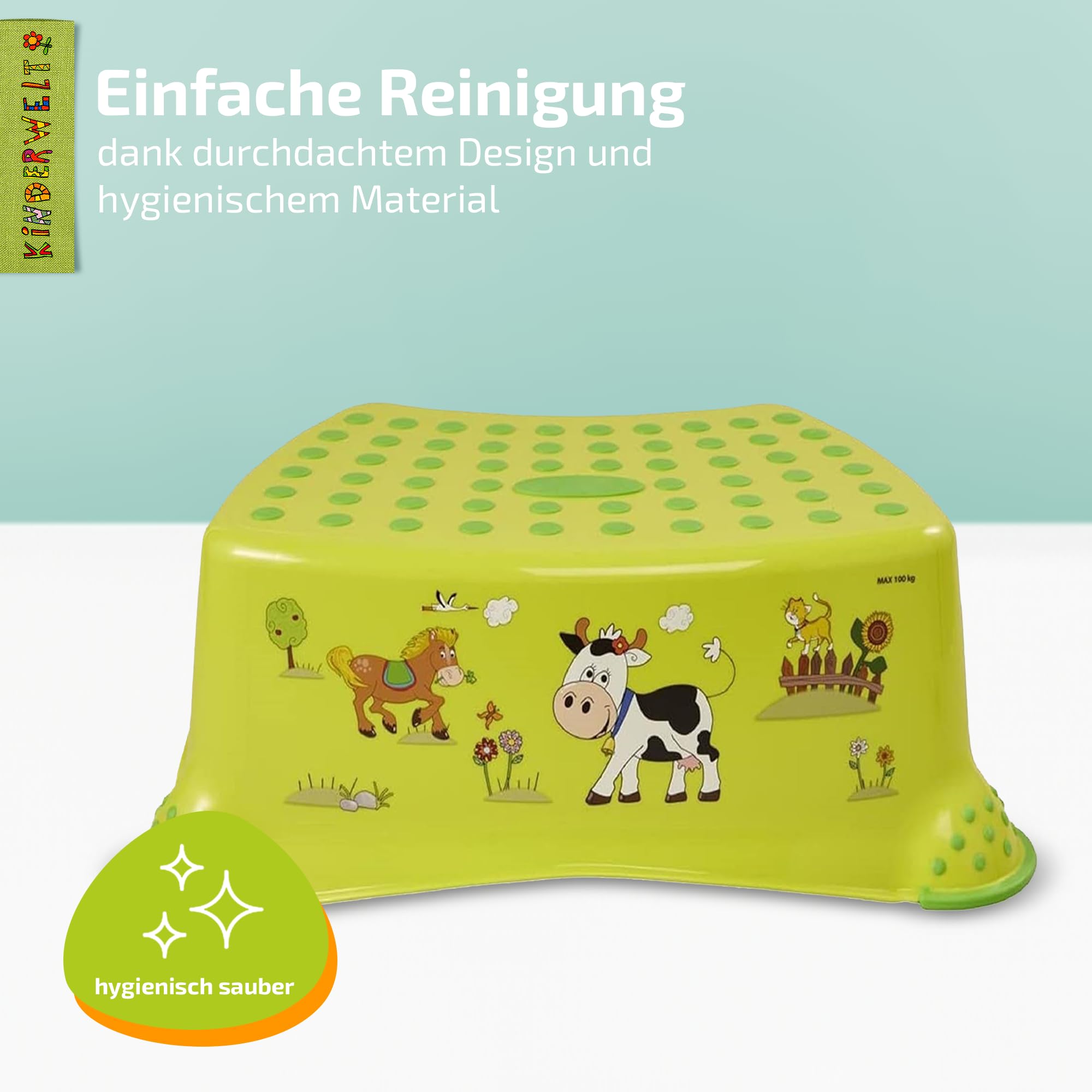 KiNDERWELT Premium Tritthocker für Kinder und Babys, Bauernhof Design in Grün, Tritthocker Stufe für Kleinkinder ab 18 Monaten, abwischbar, rutschfest und BPA-frei