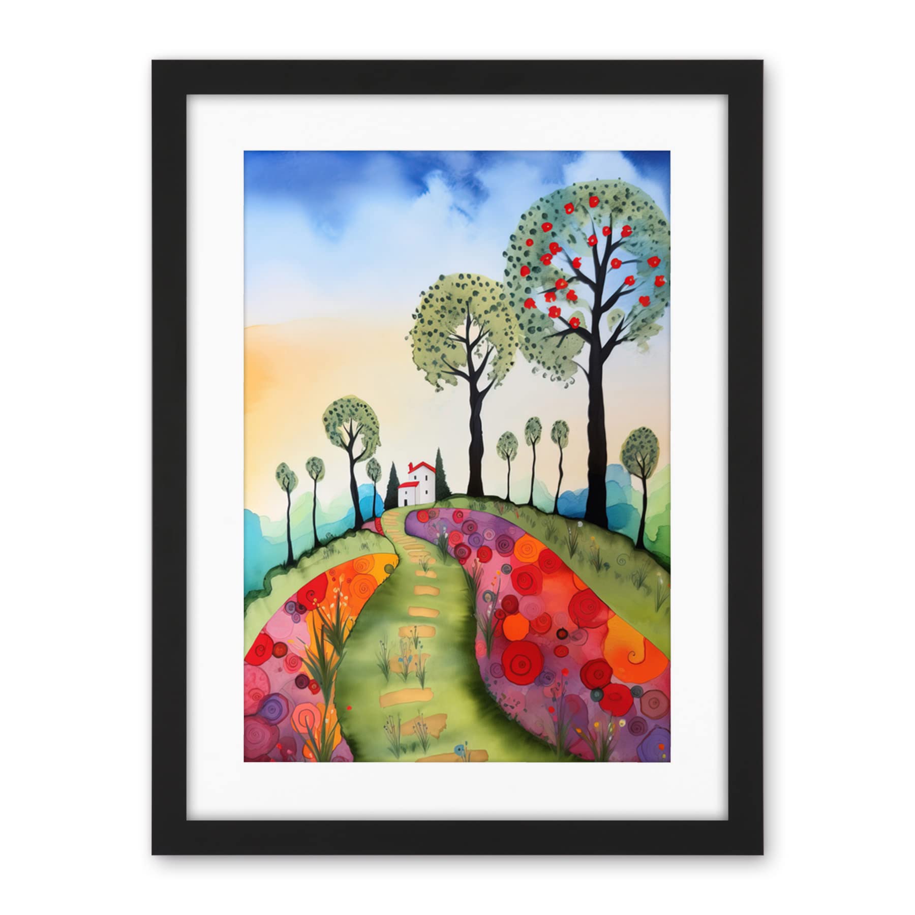 Artery8 Countryside House Path With Flowerbeds Folk Art Landscape Watercolour Painting Artwork Framed Wall Art Print 18X24 Inch