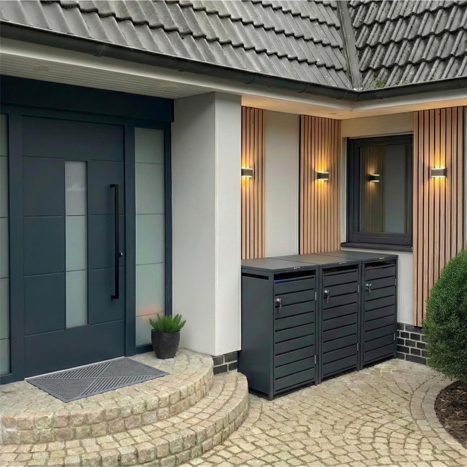 Metzler Mülltonnenbox in Anthrazit mit Sichtstreifen 3er 240L, Mülltonnenverkleidung 3 Tonnen, witterungsbeständiger und pulverbeschichteter Stahl mit Automatikdeckel, abschließbar, Garten- & Müllbox