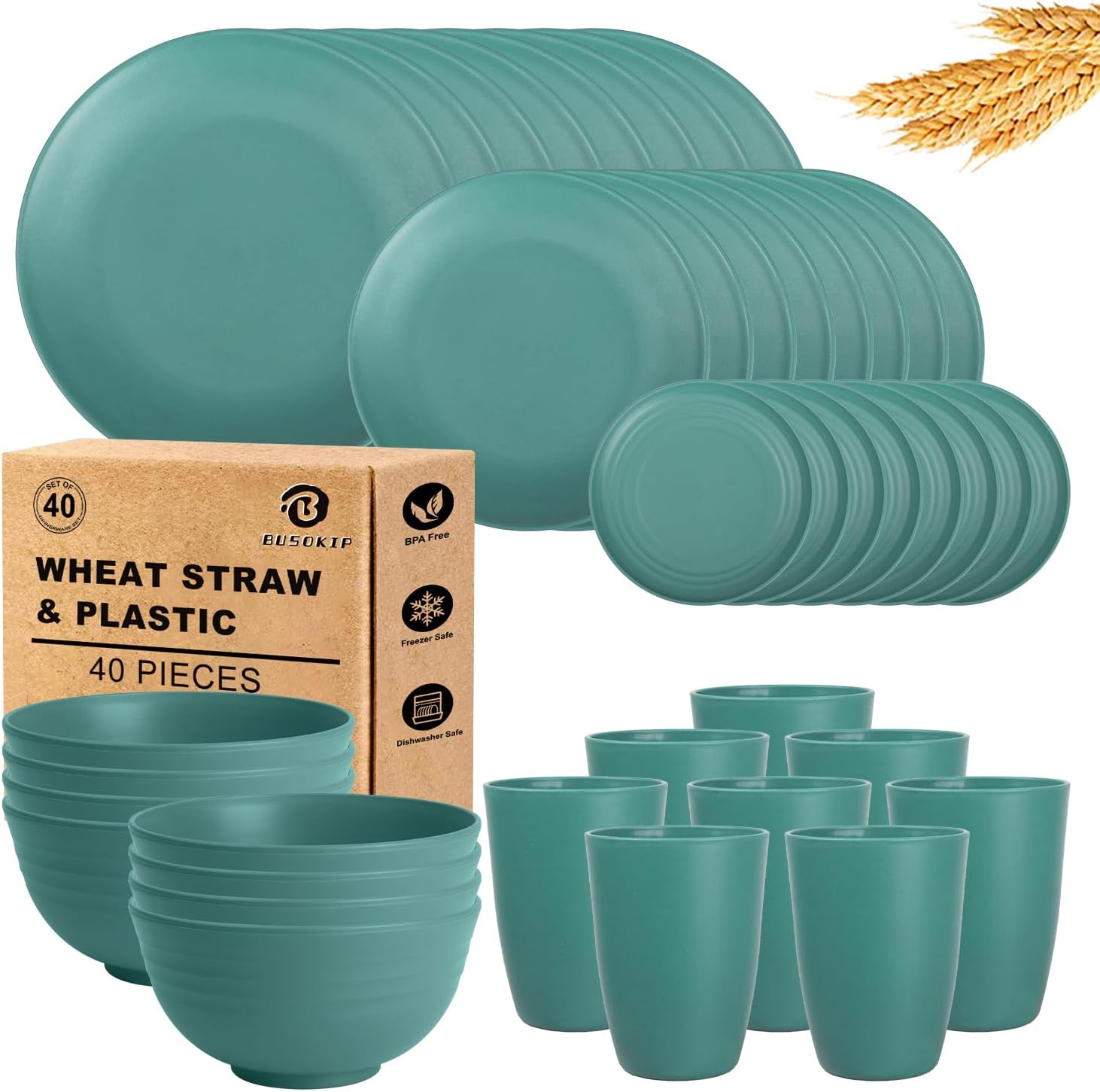Dinnerware Sets 40 PCS Wheat Straw Plates and Bowls Sets With Cups | Service for 8 | Alternatives to Plastic Dinnerware Set Microwave Safe Dishese Set for RV Outdoor Activities Travel - Green Green 40 PCS