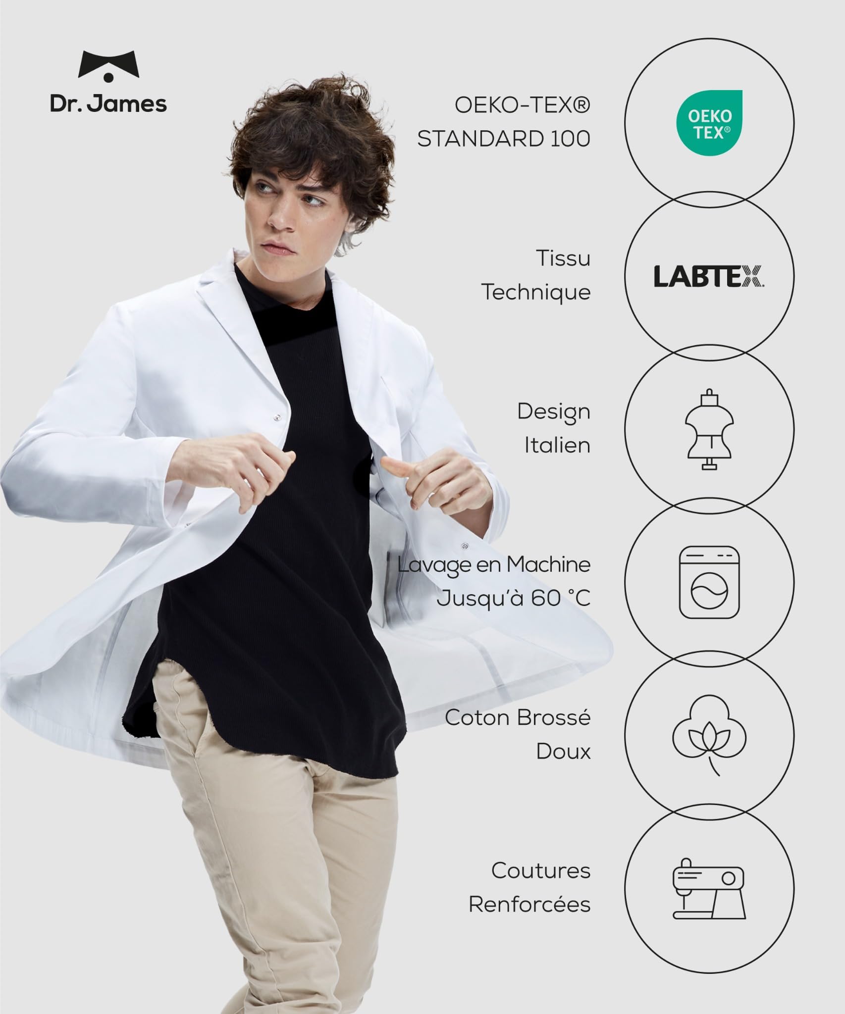 Dr. James Blouse Blanche de Laboratoire Femme Premium, Coupe Cintrée Slim Fit, Fermeture à Pressions Cachées, 2 Poches Hanches, Longueur 84 cm (33"), Tissu Certifié OEKO-TEX®