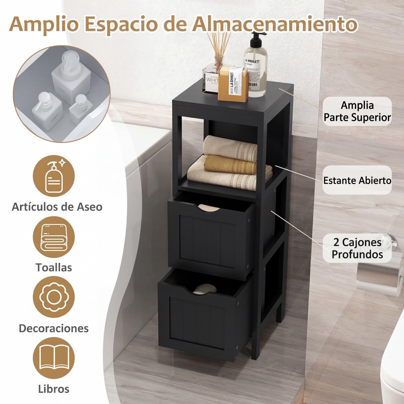 Lifezeal - Mueble de baño con 2 cajones extraíbles, armario de madera con estante abierto, 30 x 30 x 89,5 cm, color negro