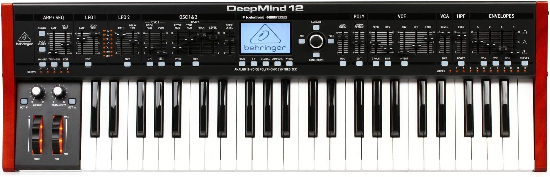 Behringer DEEPMIND 12 True Analog 12-Voice Polyphonic Synthesizer, 4 FX Engines, 2 OSCs and LFOs per Voice, 3 ADSR Generators, 8 Channel Modulation Matrix, 32-Step Control Sequencer, Remote control